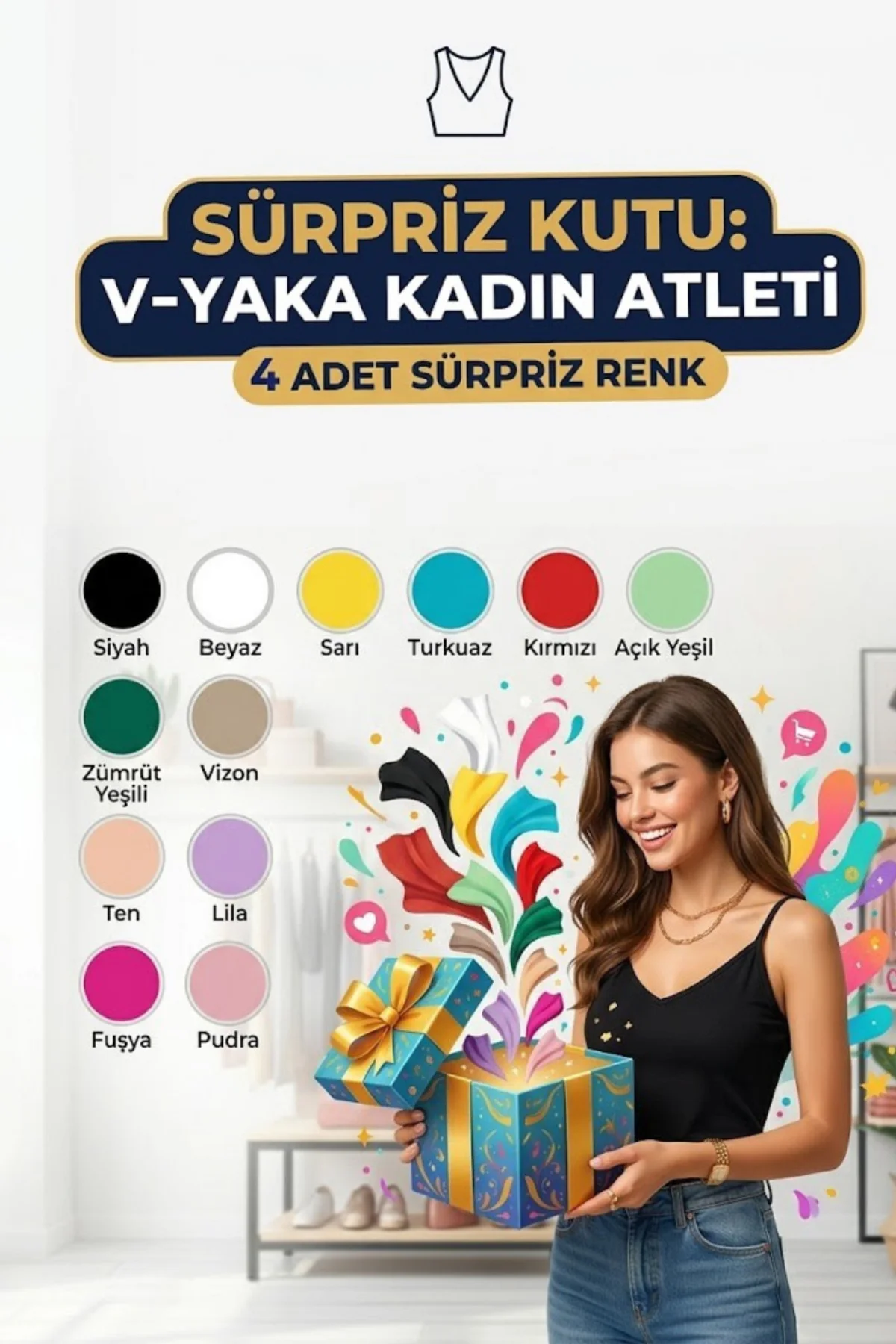 Kadın Atlet 4'lü İp Askılı V Yaka Özel Kutu Kadın Atlet 4'lü İp Askılı V Yaka Özel Kutu