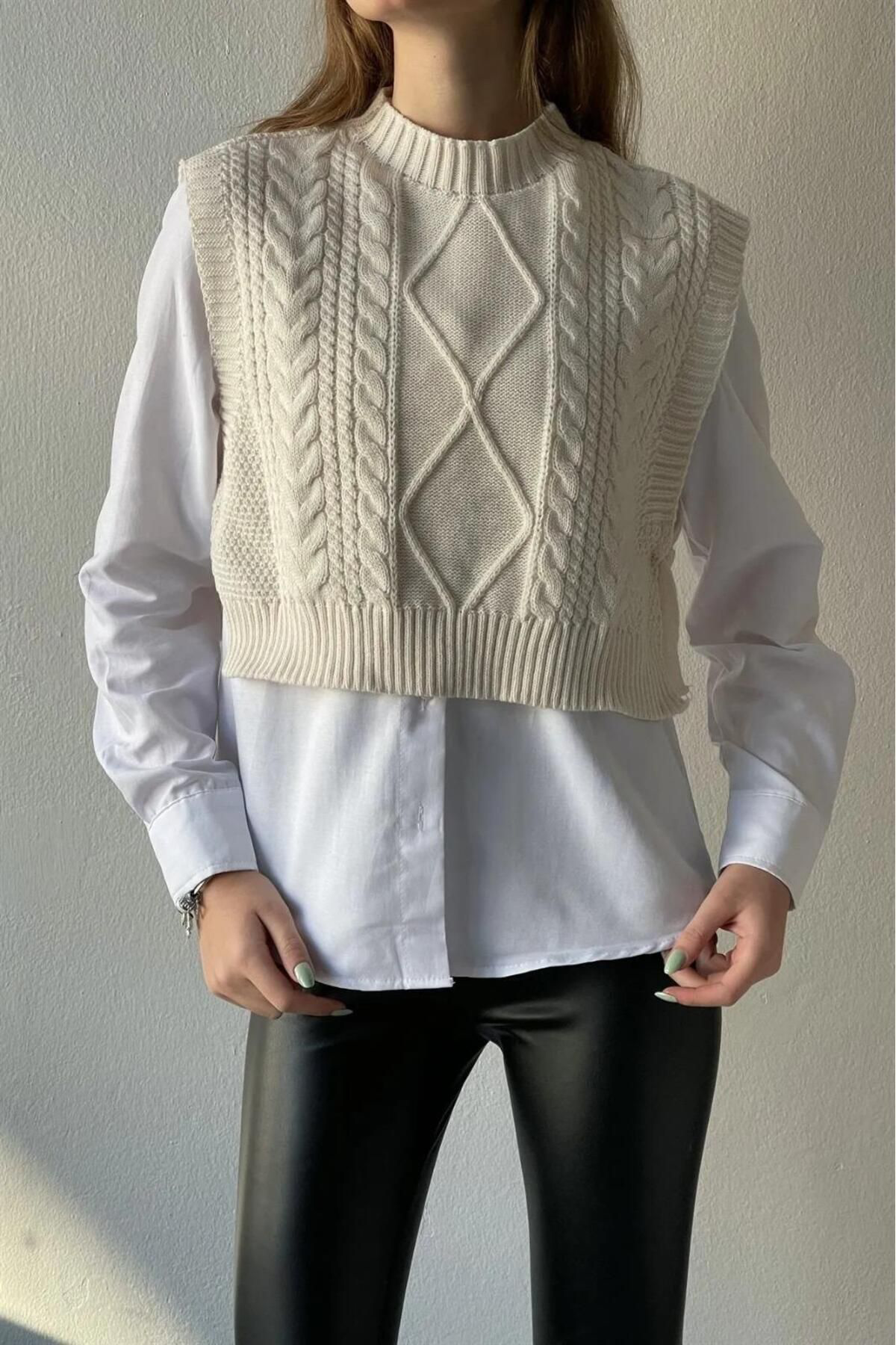 İşilda Fashion Kadın Ayarlanabilir Desenli Yandan Bağlamalı Triko Süveter