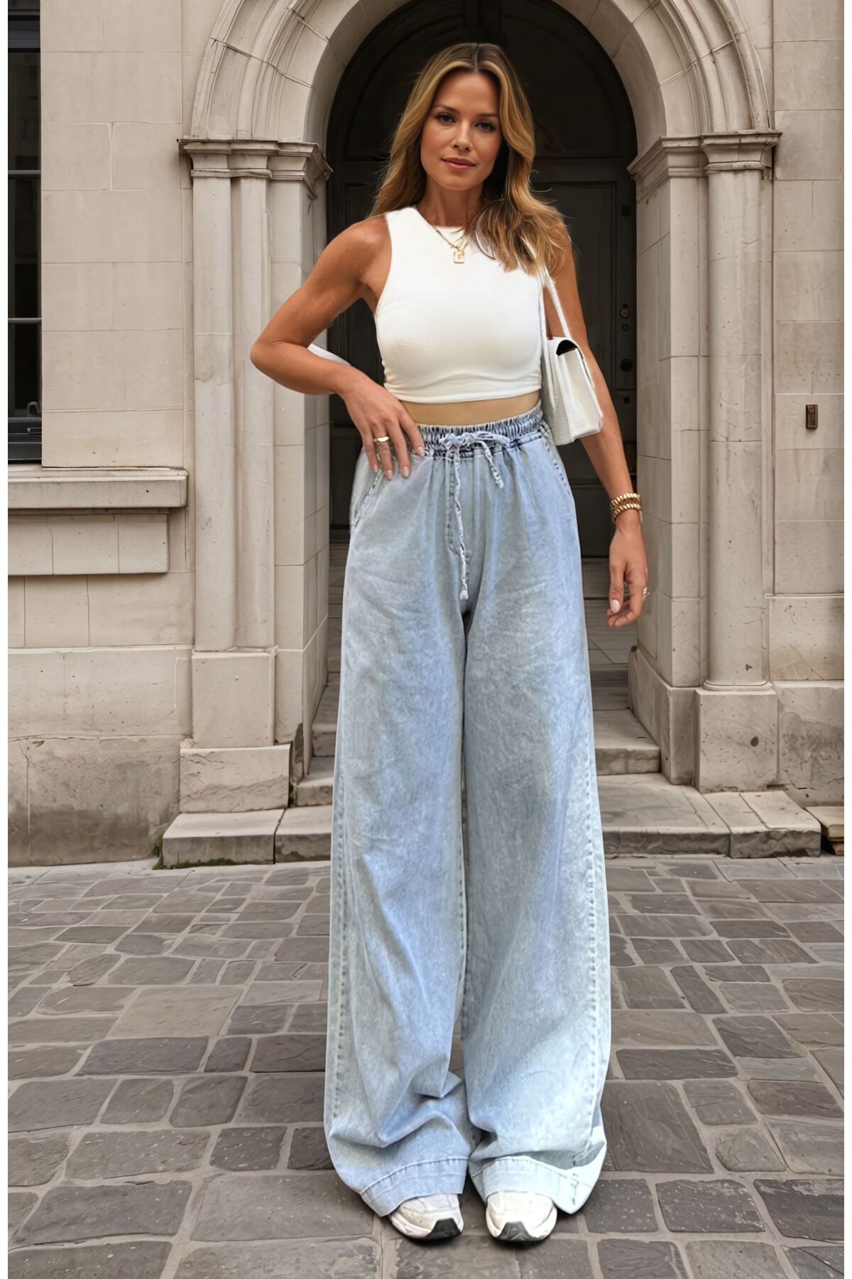 Pasaklı Giyim Kadın Bağcıklı Beli Lastikli Bol Paça İnce Kot Pantolon Kt088280