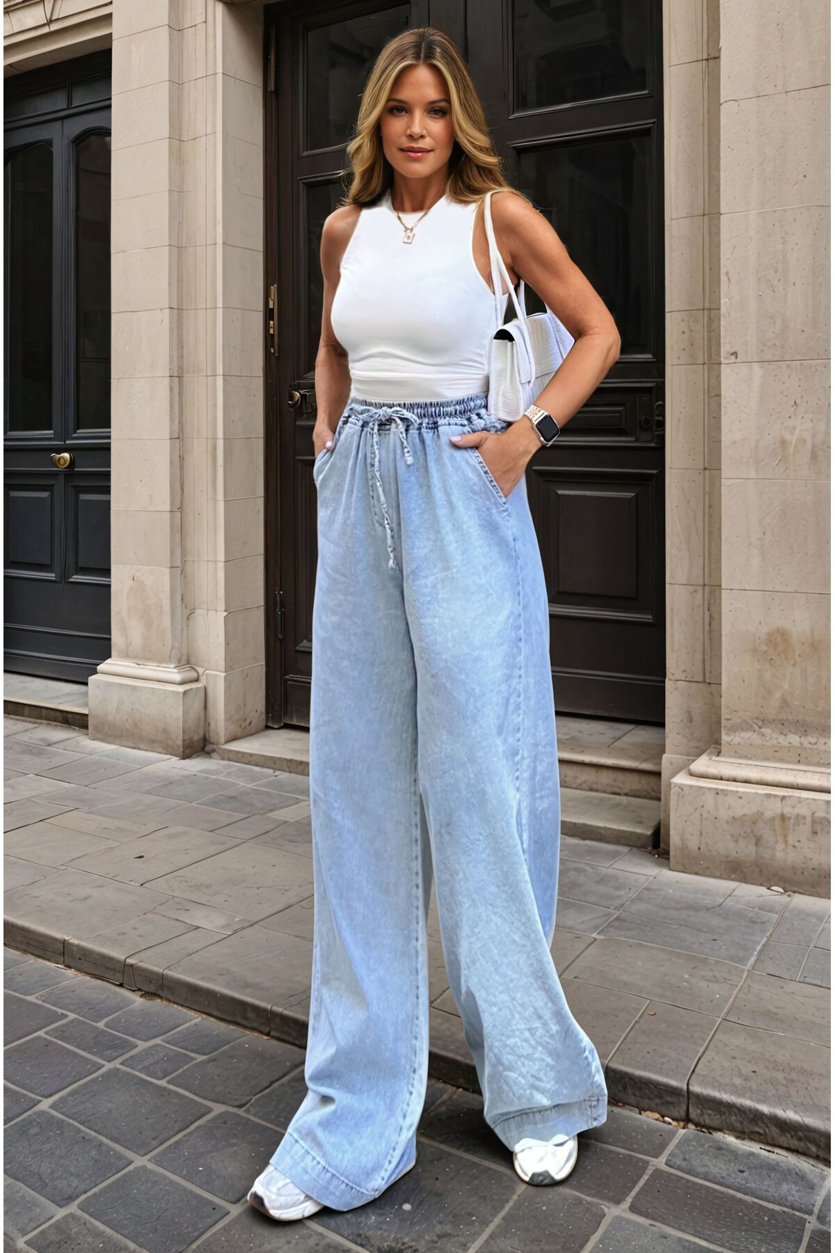 Pasaklı Giyim Kadın Bağcıklı Beli Lastikli Bol Paça İnce Kot Pantolon Kt088280