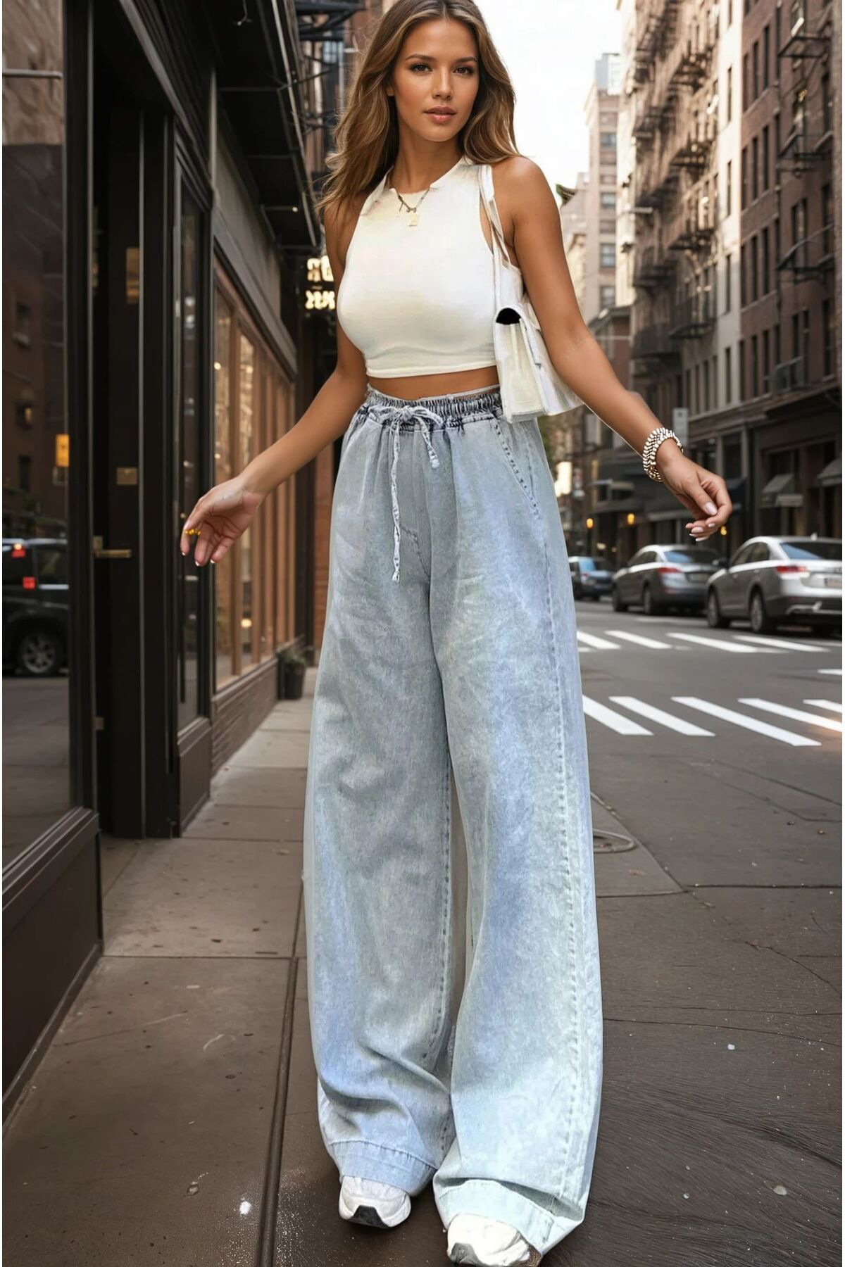 Pasaklı Giyim Kadın Bağcıklı Beli Lastikli Bol Paça İnce Kot Pantolon Kt088280