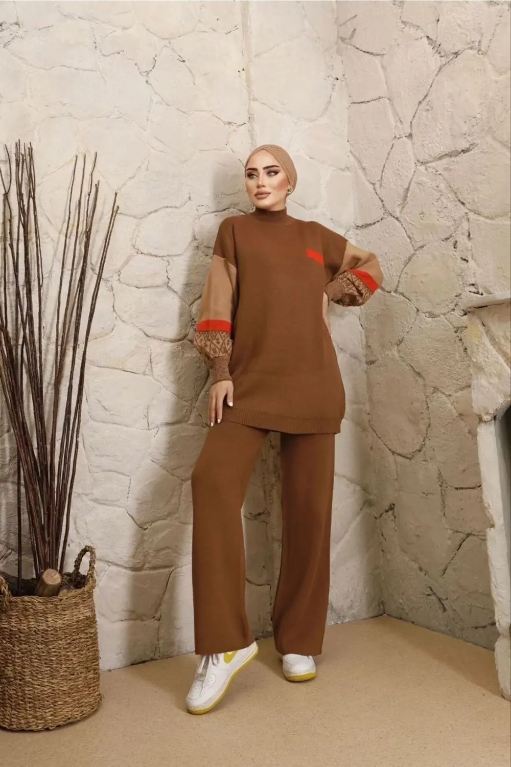 Kadın Balon Kol Desenli Triko Alt-üst Takım Kahverengi
