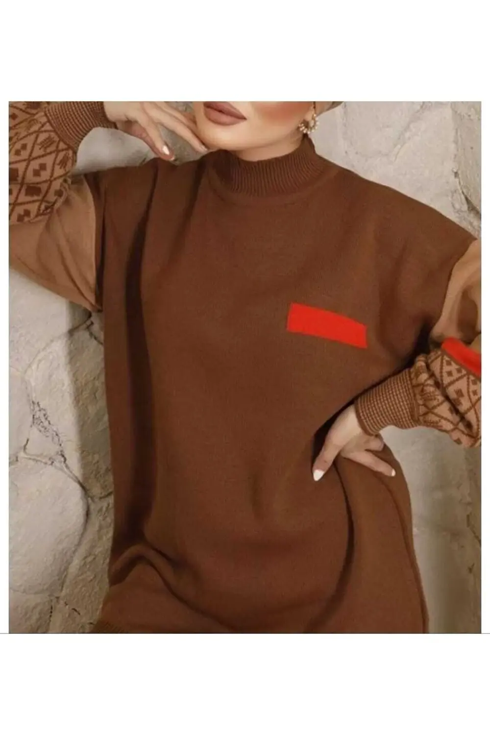 Kadın Balon Kol Etnik Desenli Triko Takım Kahverengi