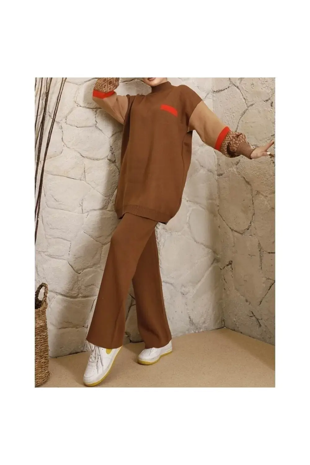 Kadın Balon Kol Etnik Desenli Triko Takım Kahverengi