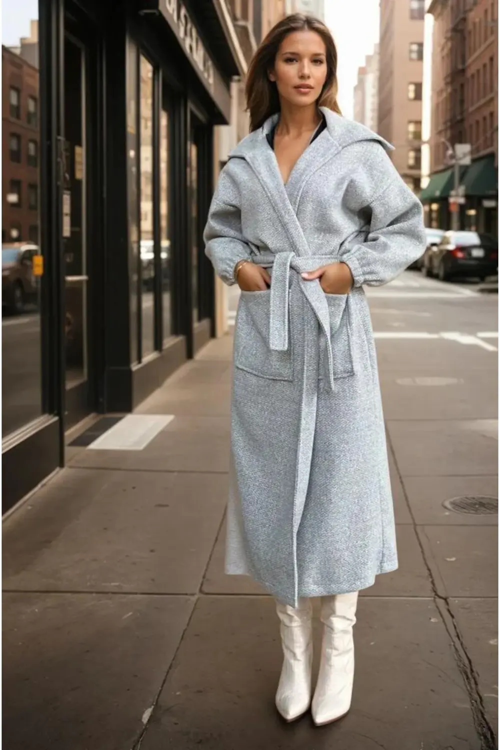 Kadın Balon Kol Uzun Şal Yaka Cepli Kalın Örgü Triko Salaş Kaban