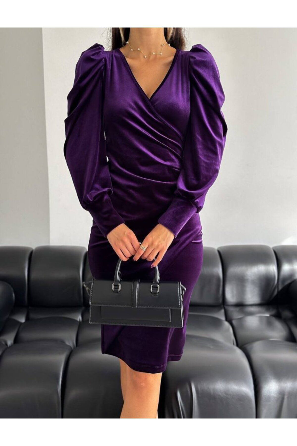 Kadın Balon Kol Kruvaze Yakamidi Boy Fırsat ürün Elbise