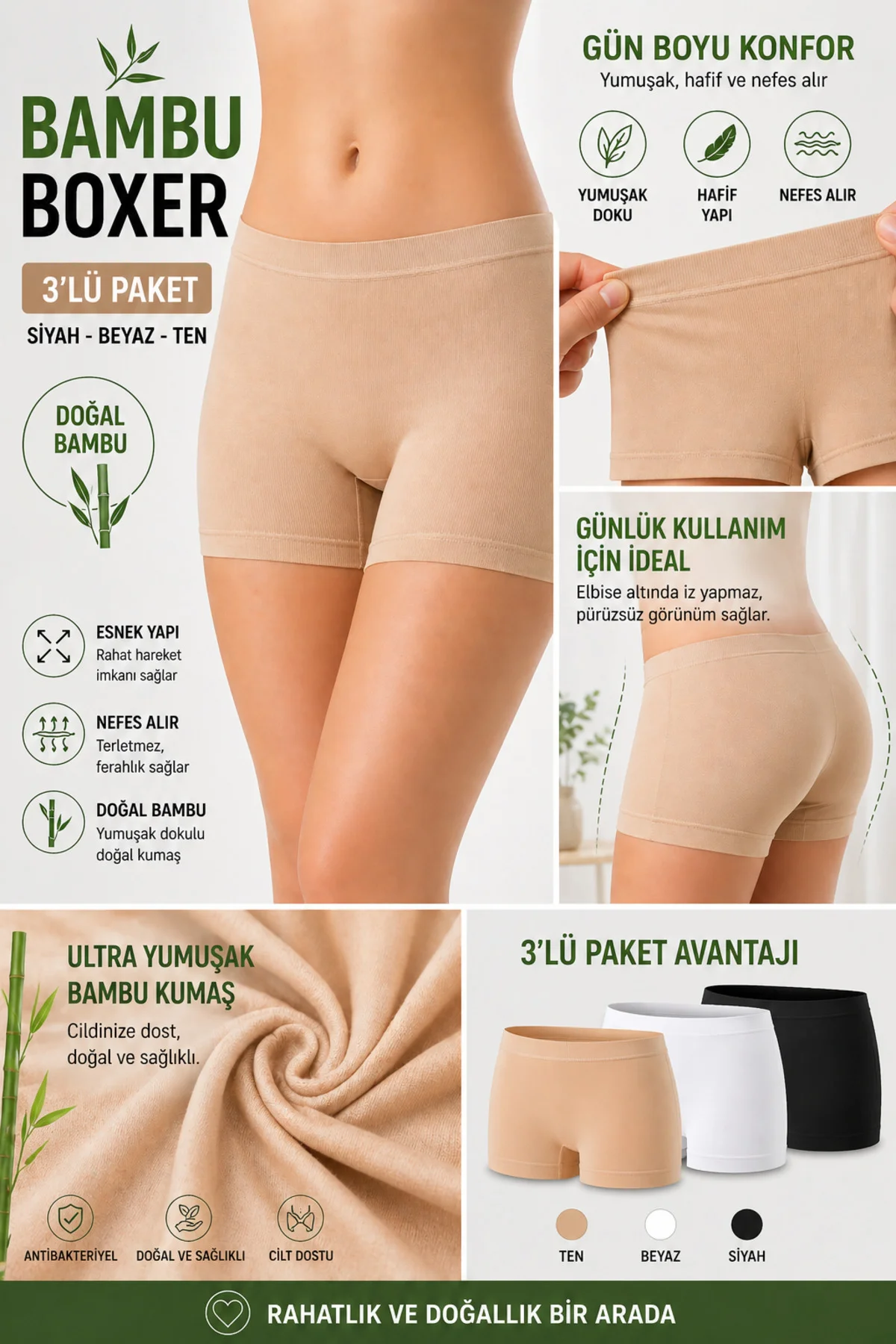 Westiçgiyim Kadın Bambu Boxer - Premium Doğal Lifli Yumuşak Doku - 3'lü Paket Westiçgiyim Kadın Bambu Boxer - Premium Doğal Lifli Yumuşak Doku - 3'lü Paket