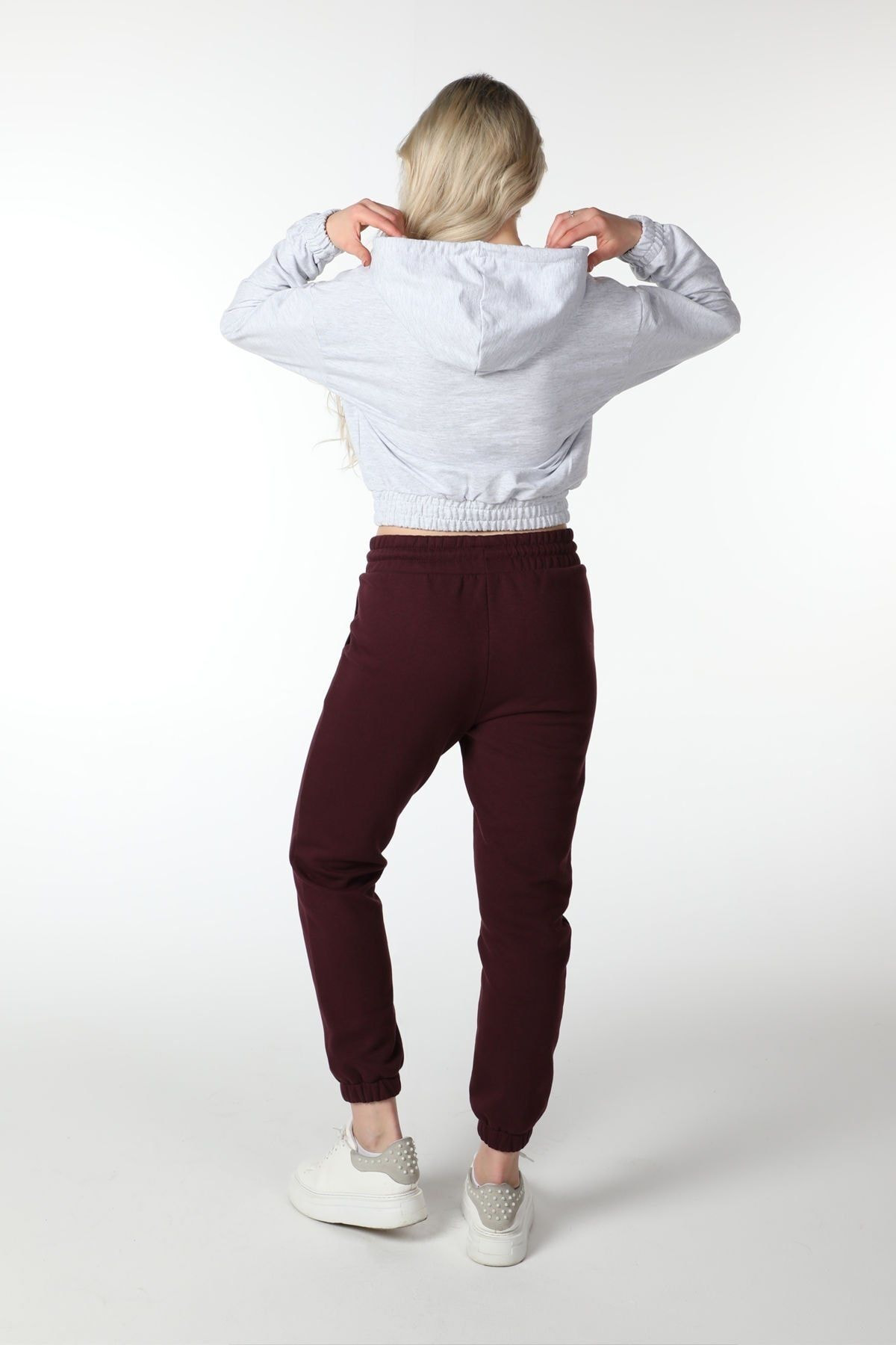 Defys Kadın Baskılı Kapüşonlu Crop Sweat Gri