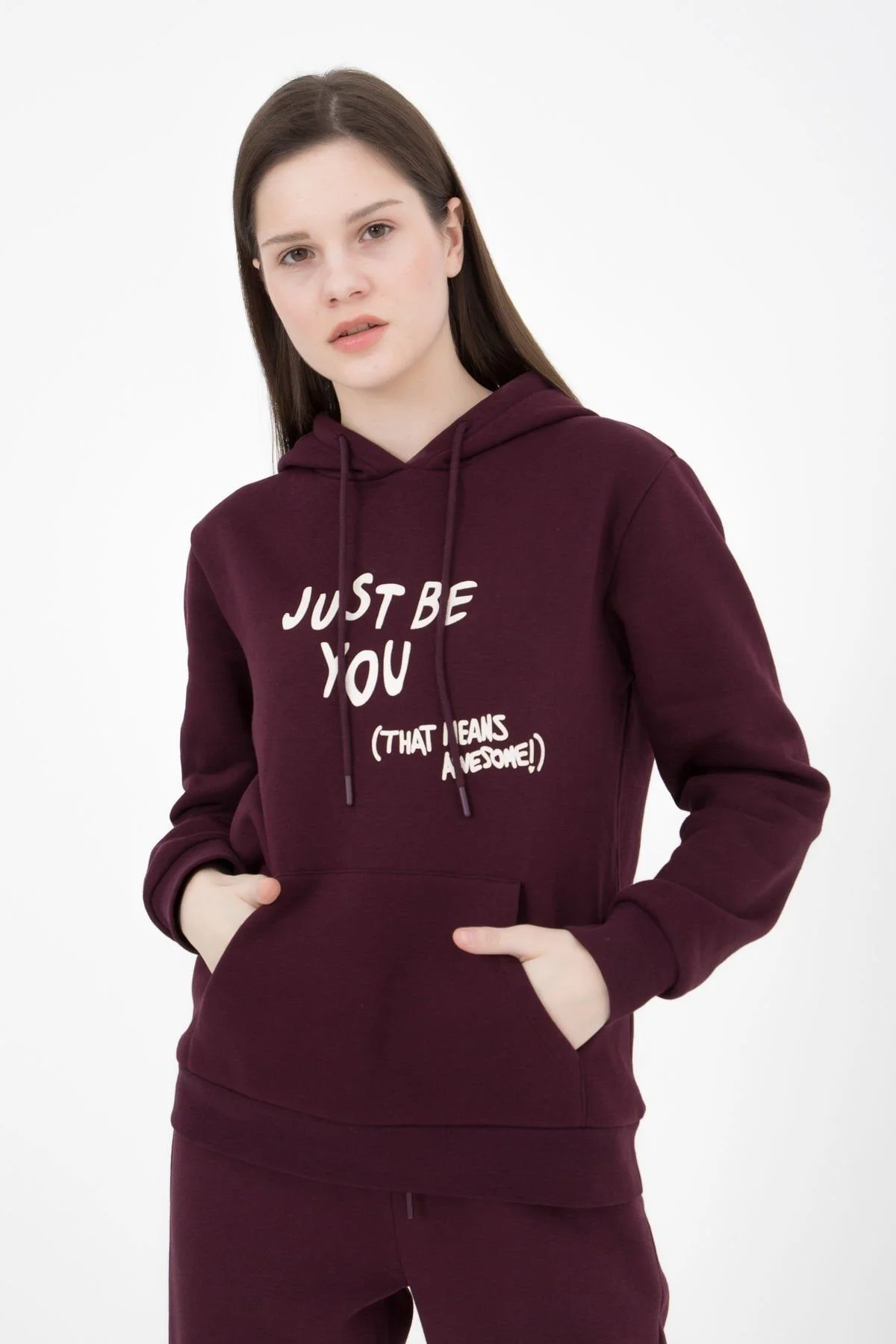 Kadın Baskılı Kapüşonlu Sweat Mürdüm Kadın Baskılı Kapüşonlu Sweat Mürdüm