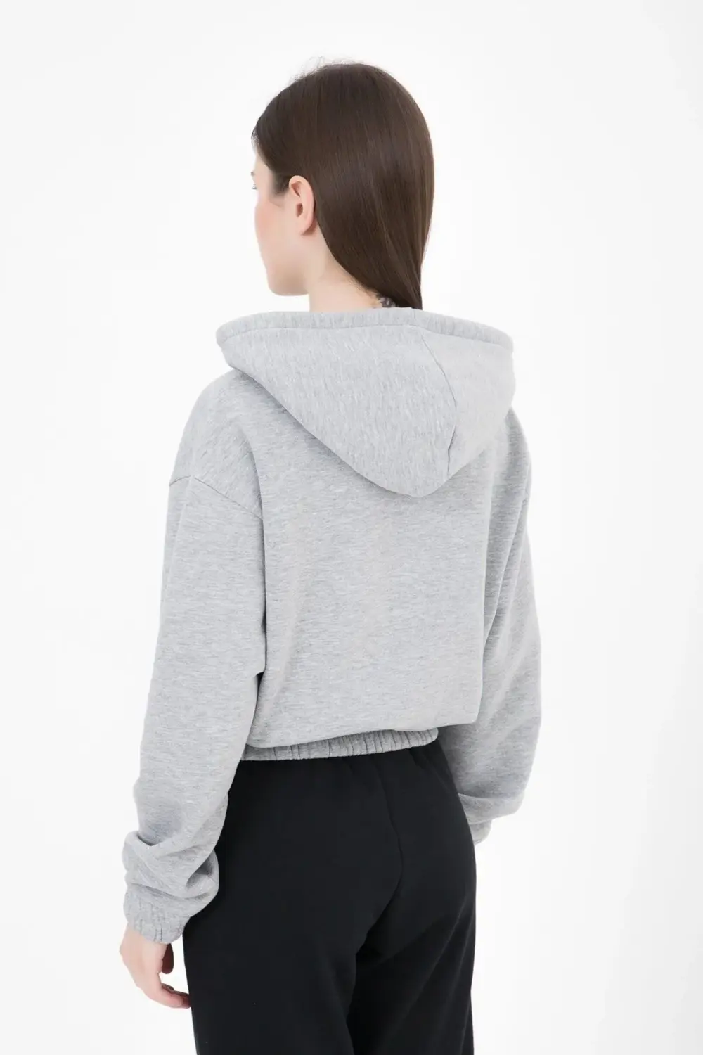 Kadın Baskılı Kapüşonlu Crop Sweat Gri