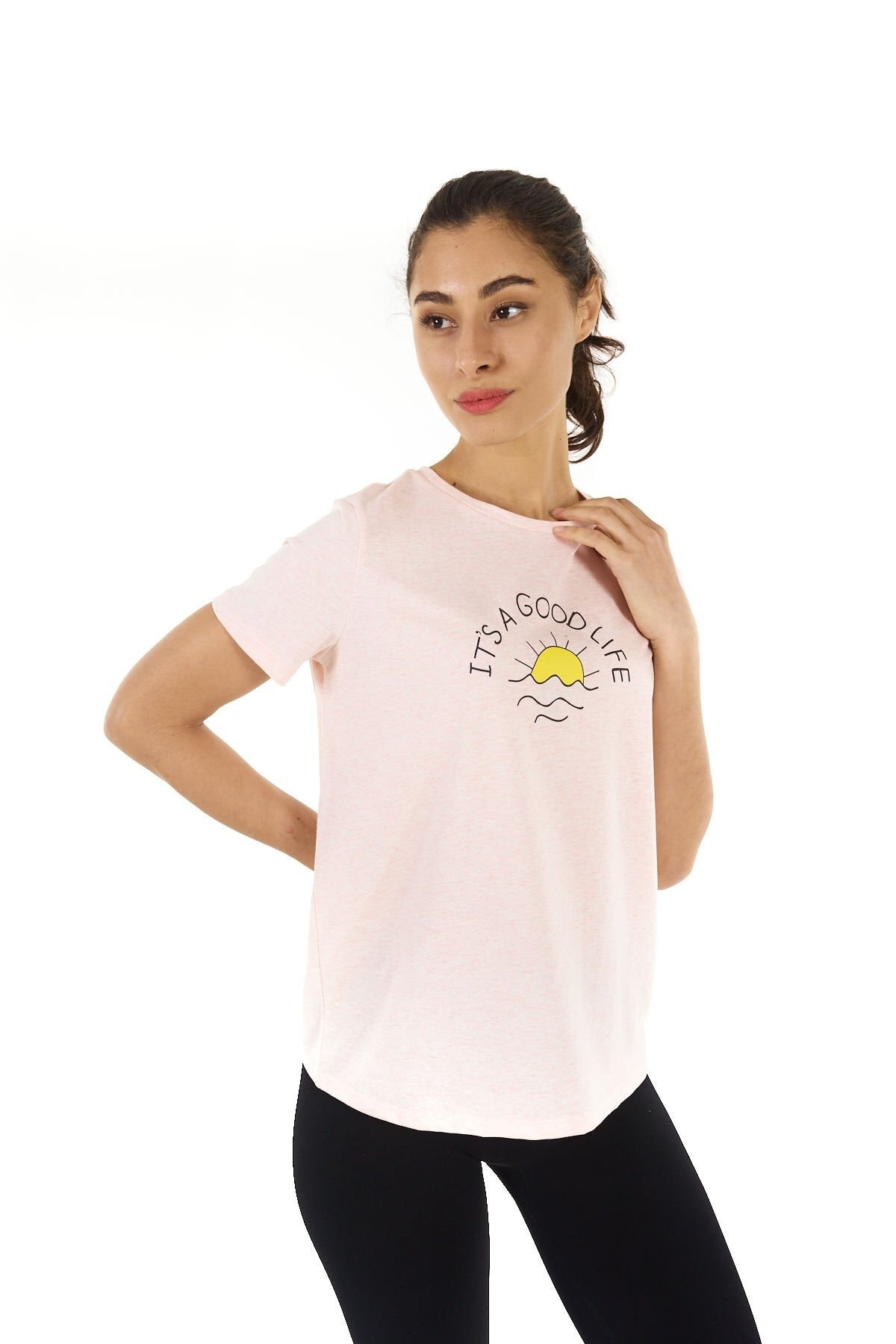 Defys Kadın Baskılı Kısa Kollu Bisiklet Yaka Tişört Pembe Mel