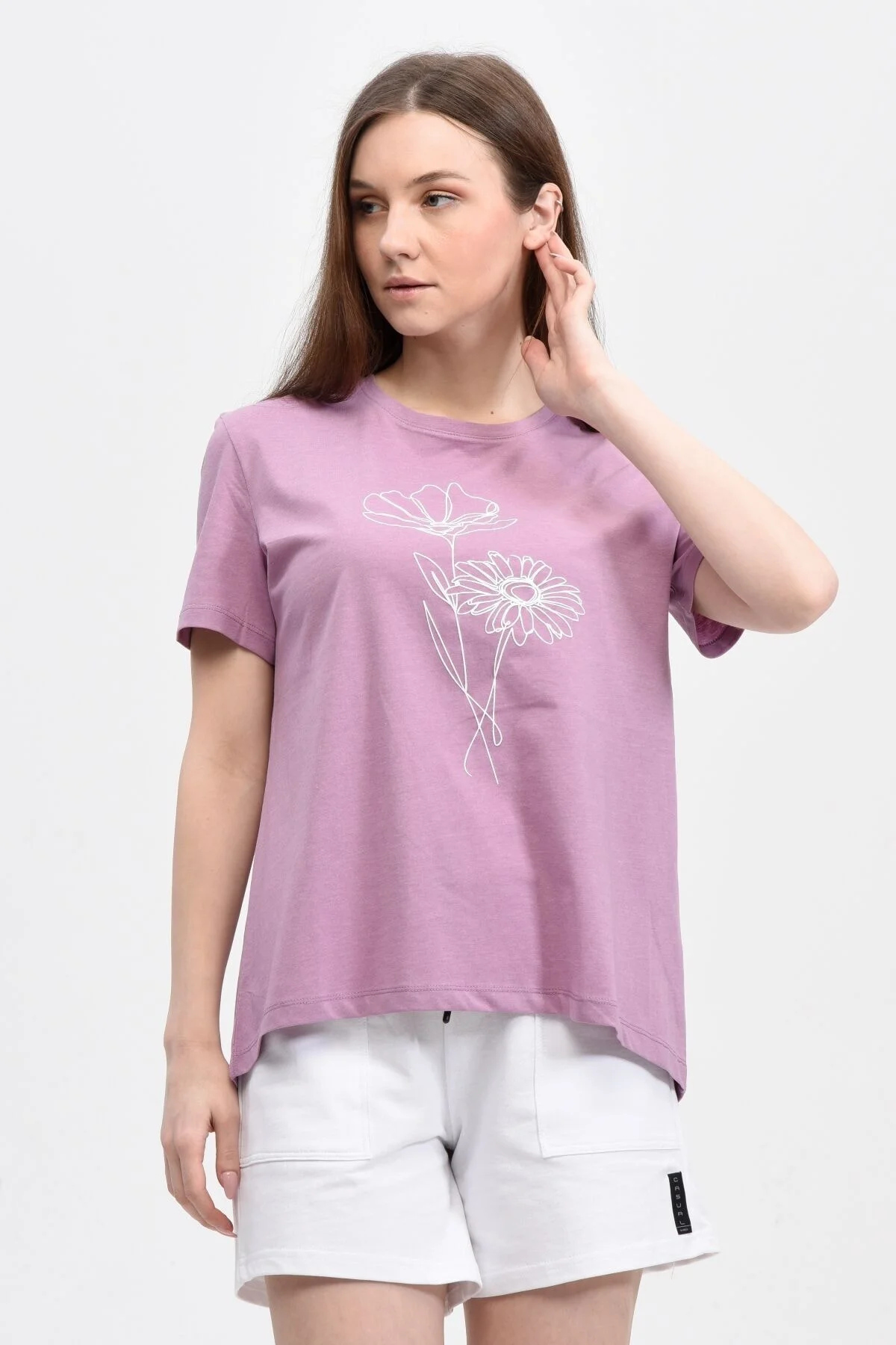 Kadın Baskılı Kısa Kollu Arka Oval Bisiklet Yaka Tişört Su Yeşili