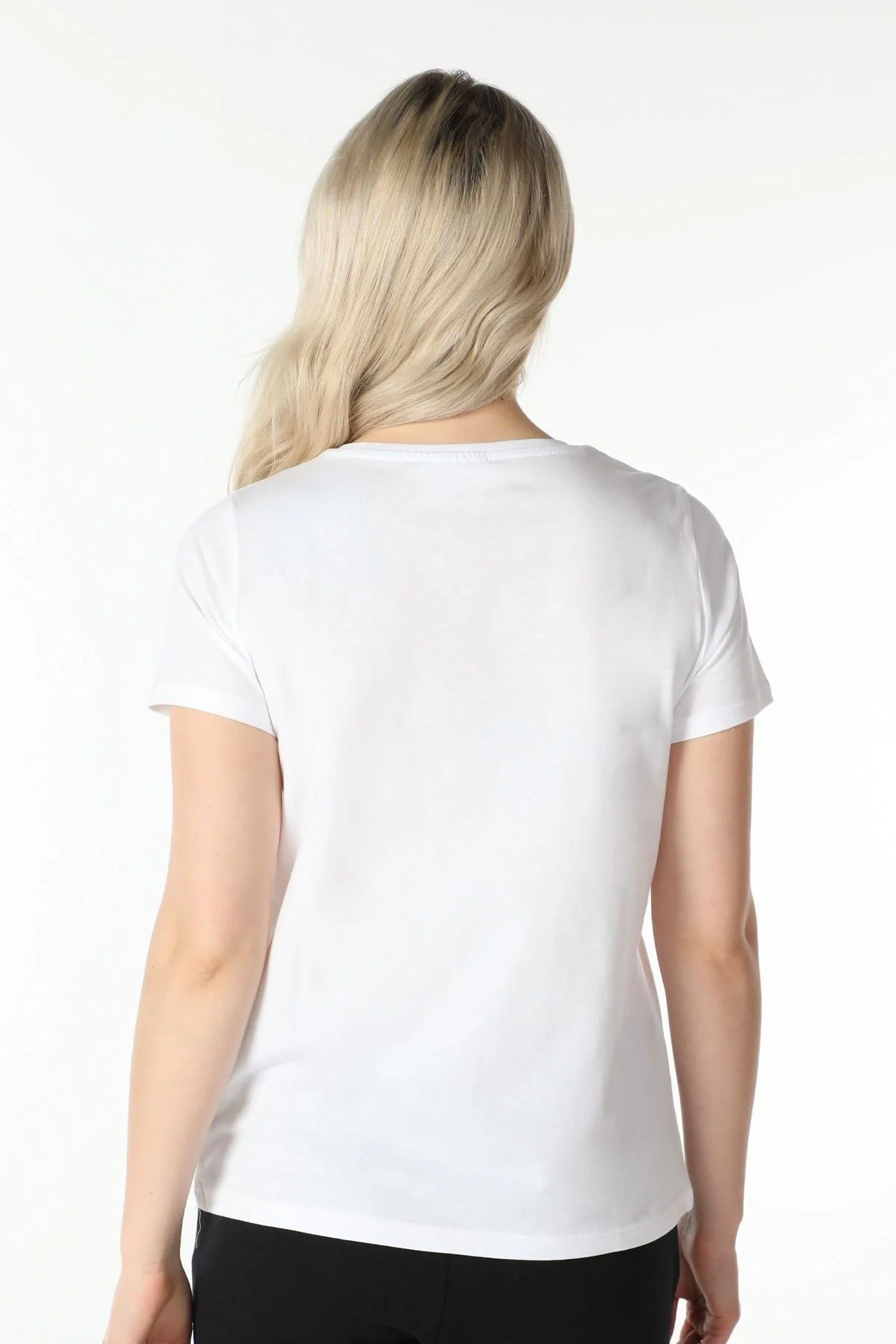 Kadın Baskılı Kısa Kollu Bisiklet Yaka Tişört Beyaz