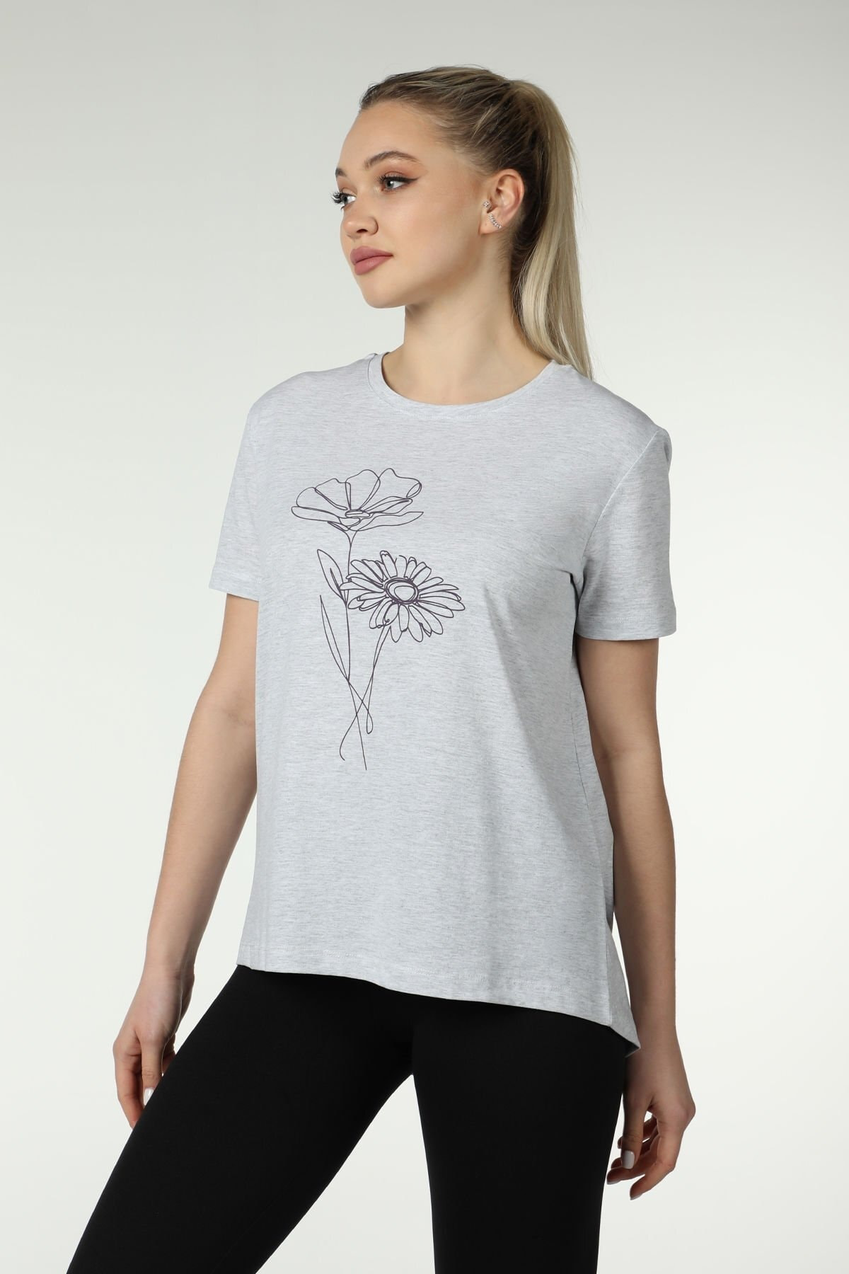 Kadın Baskılı Kısa Kollu Arka Oval Bisiklet Yaka Tişört Kar Melan