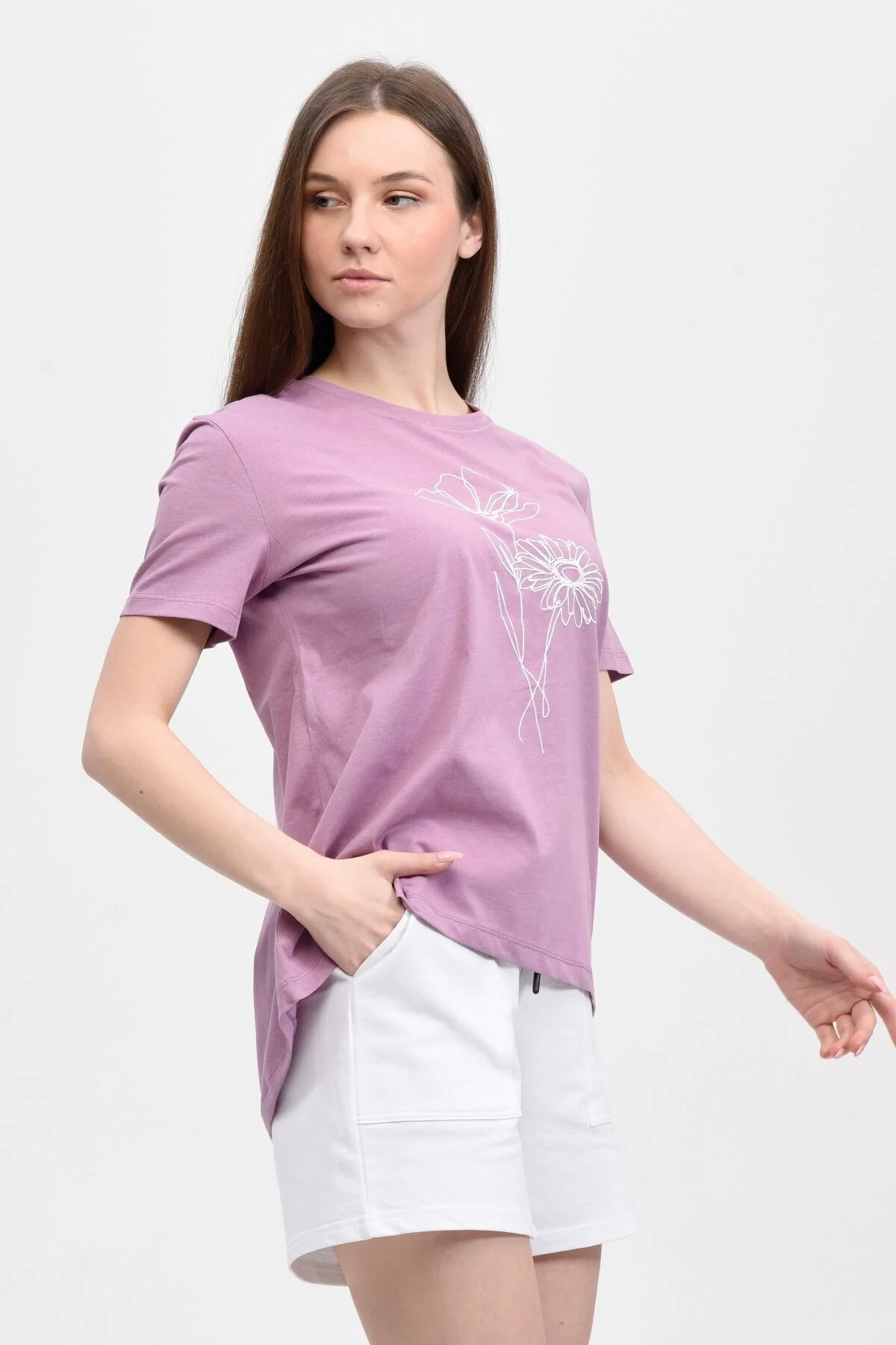 Kadın Baskılı Kısa Kollu Arka Oval Bisiklet Yaka Tişört Su Yeşili