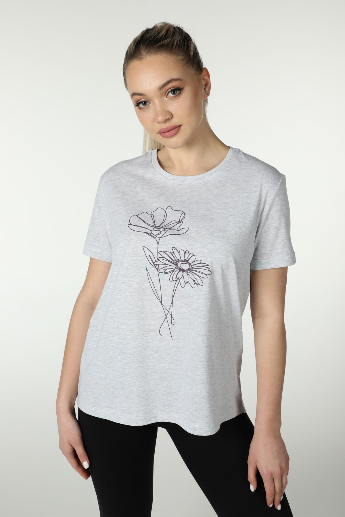 Kadın Baskılı Kısa Kollu Arka Oval Bisiklet Yaka Tişört Kar Melan