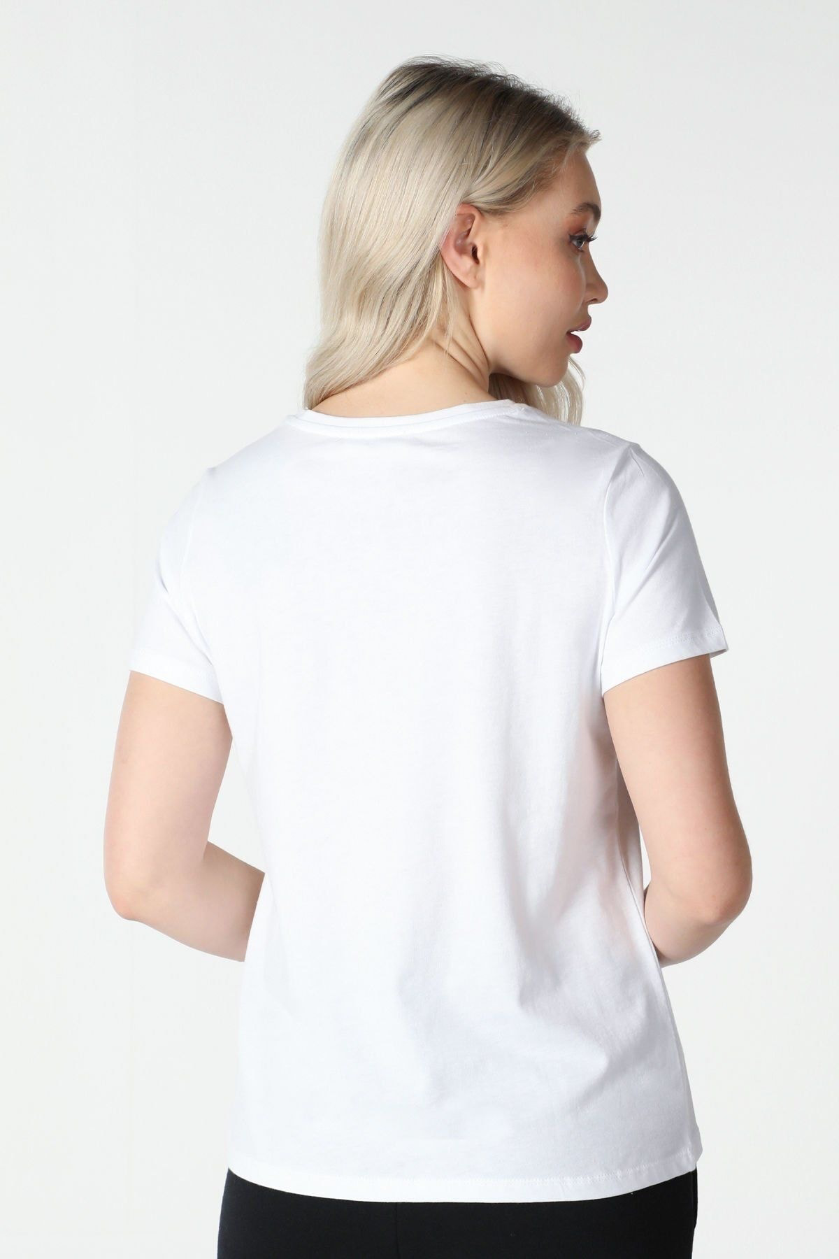 Kadın Bisiklet Yaka Kısa Kollu Regular Fit Baskılı Tişört Beyaz