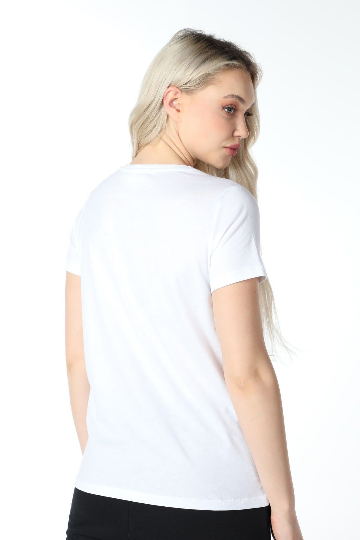 Defys Kadin Bisiklet Yaka Kisa Kollu Regular Fit Baskili Tişört Beyaz
