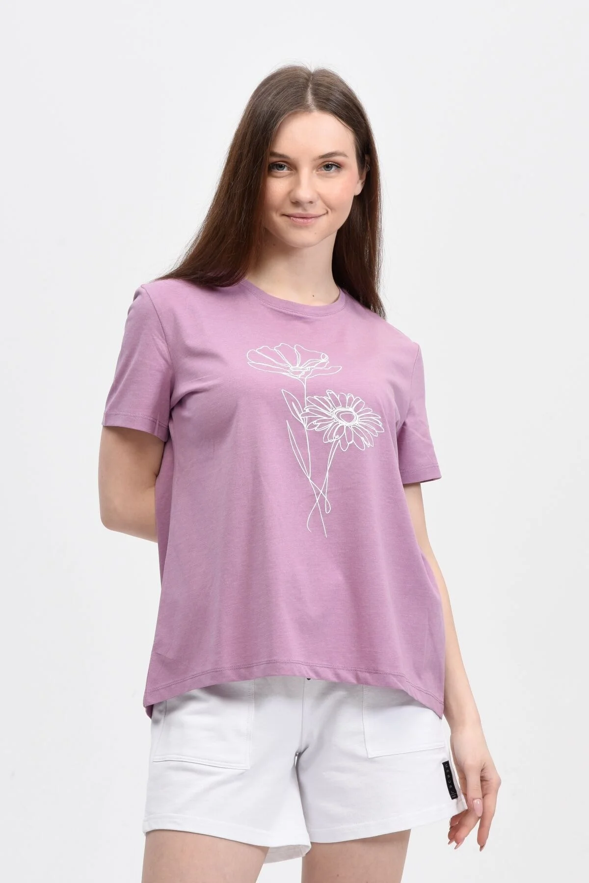 Kadın Baskılı Kısa Kollu Arka Oval Bisiklet Yaka Tişört Su Yeşili