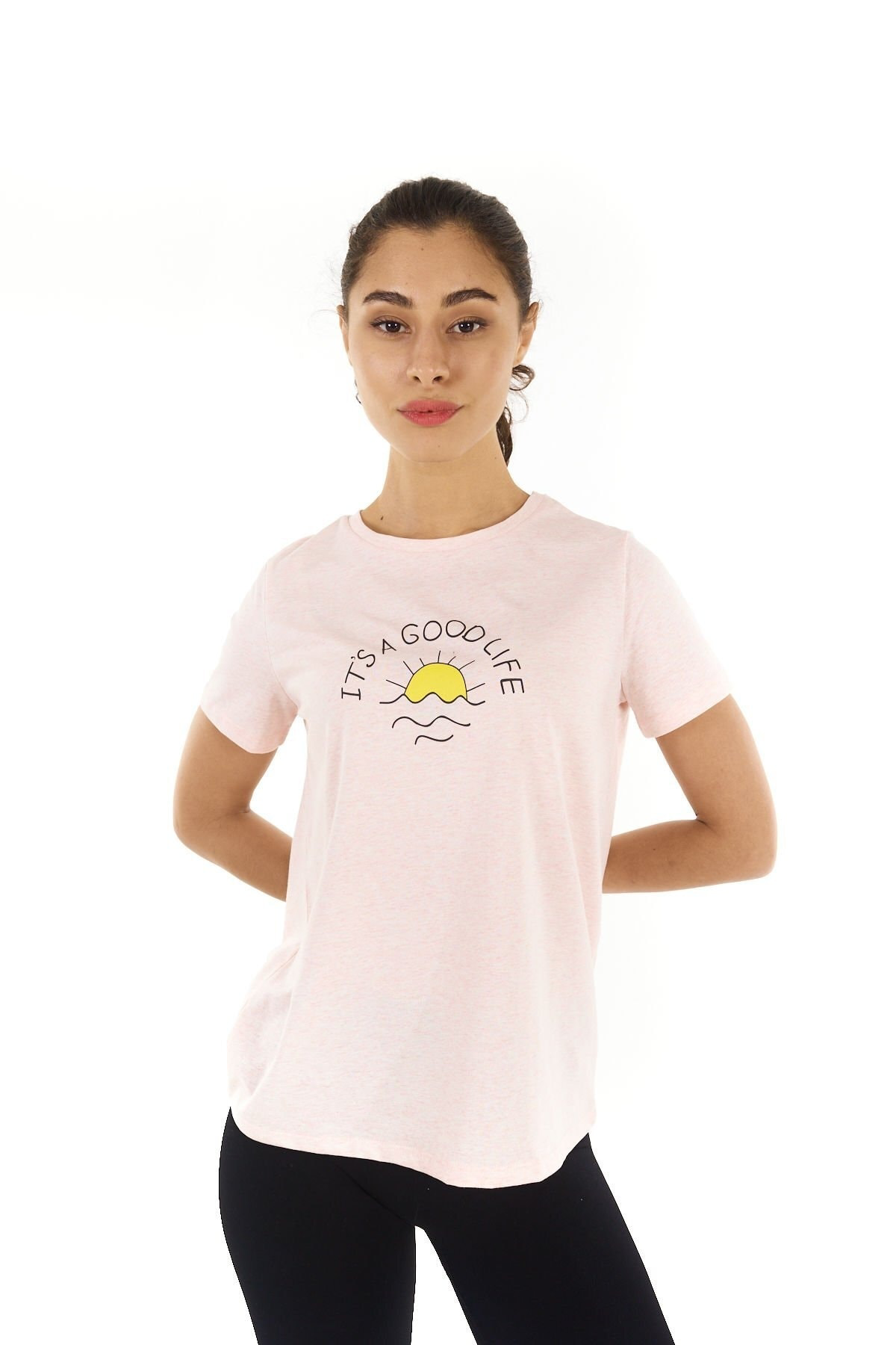 Defys Kadın Baskılı Kısa Kollu Bisiklet Yaka Tişört Pembe Mel