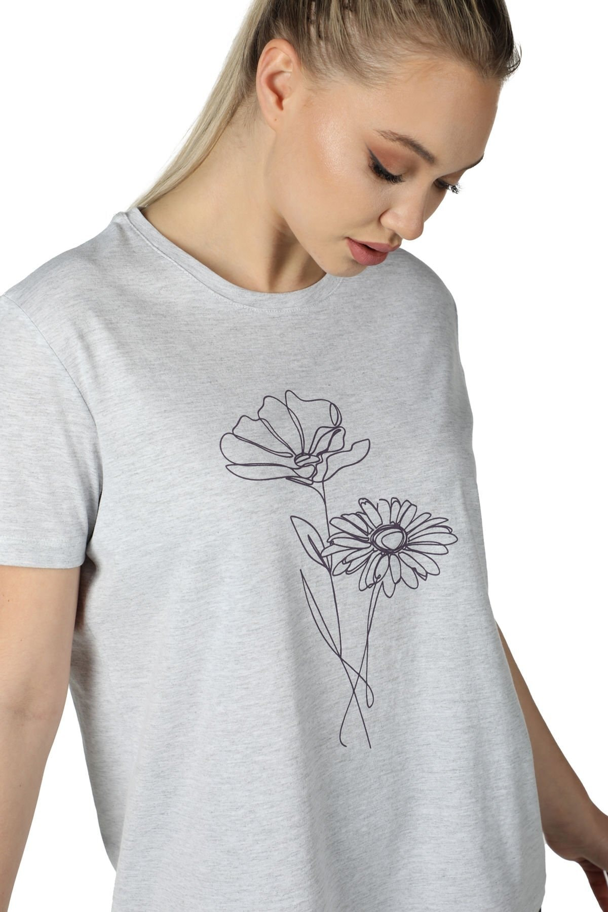 Kadın Baskılı Kısa Kollu Arka Oval Bisiklet Yaka Tişört Kar Melan