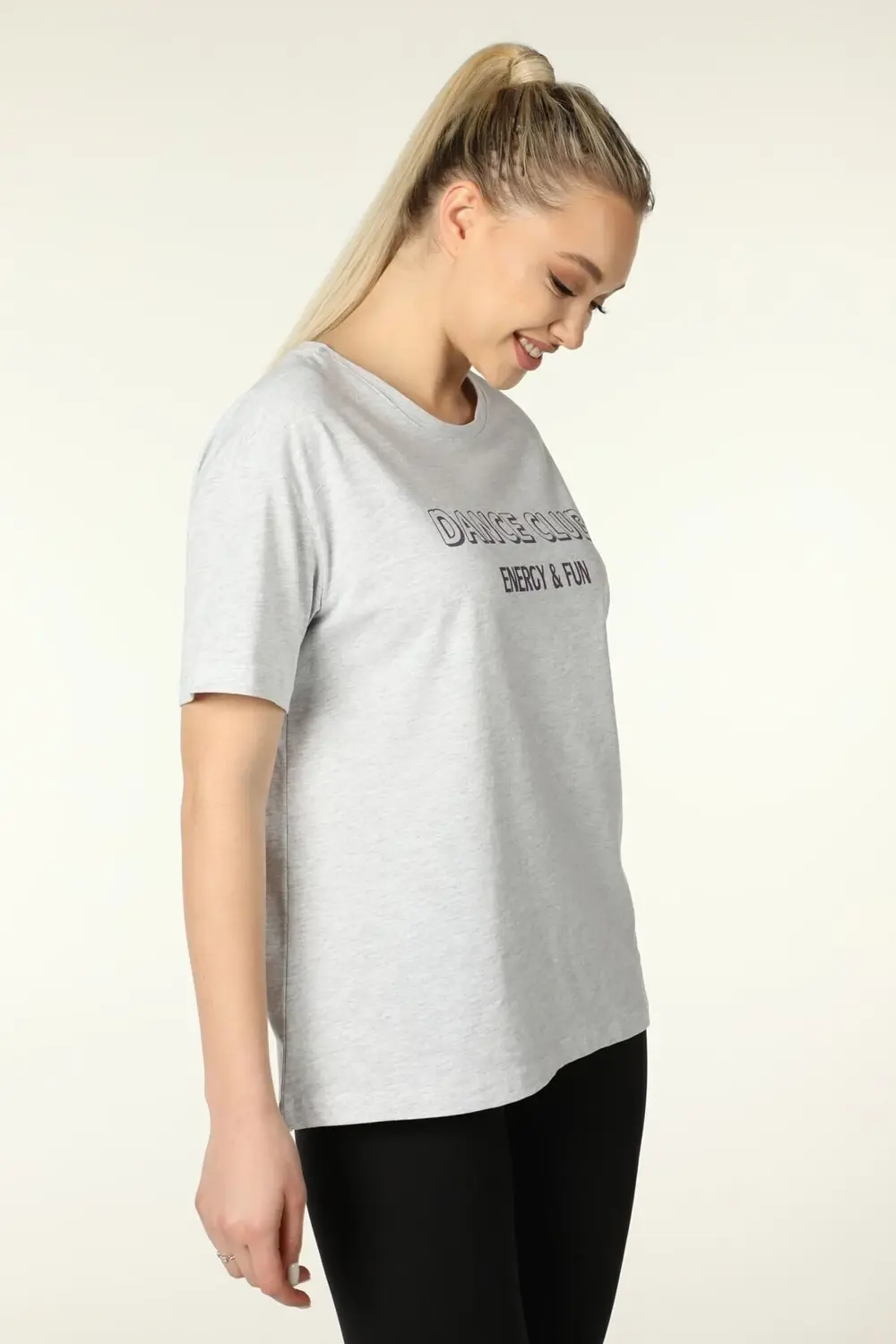 Kadın Baskılı Kısa Kollu Bisiklet Yaka Oversıze Oversıze Tişört N