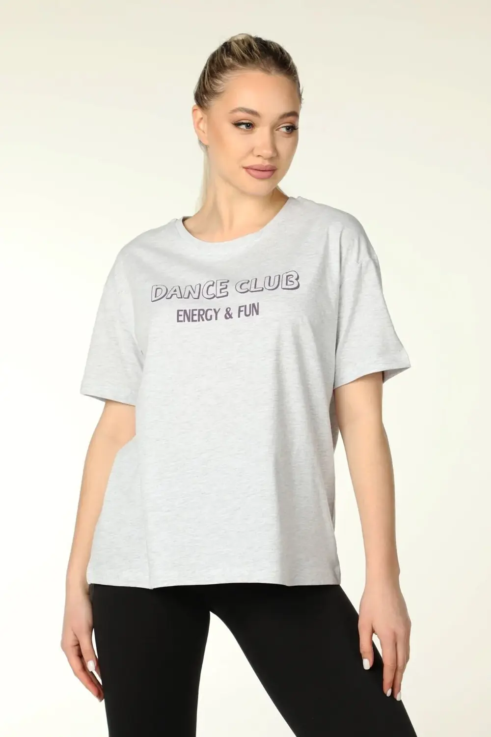 Kadın Baskılı Kısa Kollu Bisiklet Yaka Oversıze Oversıze Tişört N