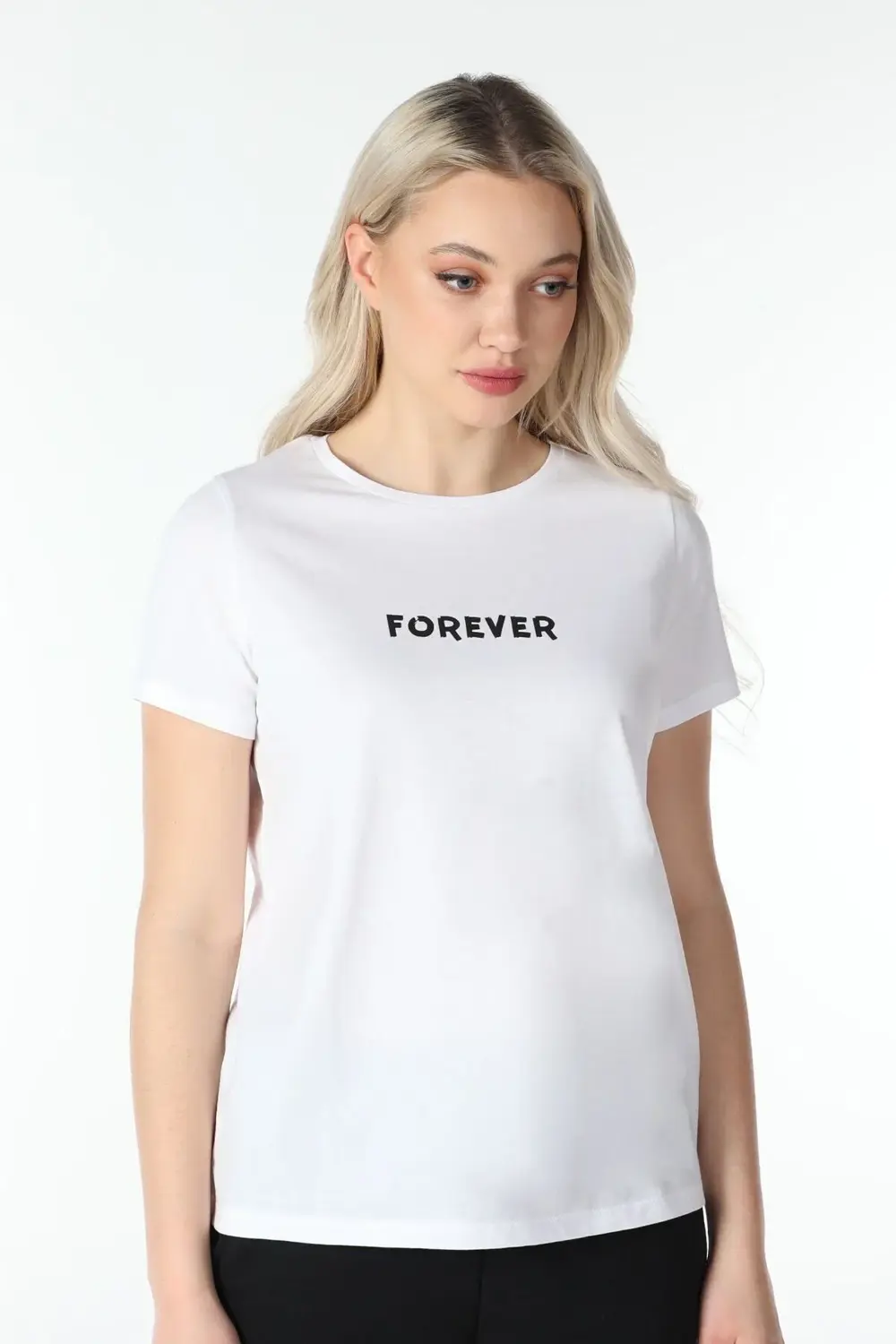 Kadın Baskılı Kısa Kollu Bisiklet Yaka Tişört Siyah