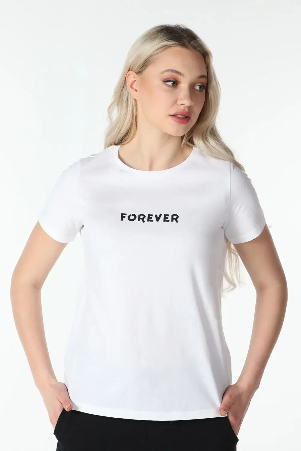 Kadın Baskılı Kısa Kollu Bisiklet Yaka Tişört Siyah