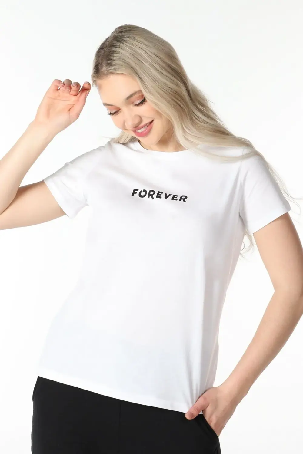 Kadın Baskılı Kısa Kollu Bisiklet Yaka Tişört Siyah