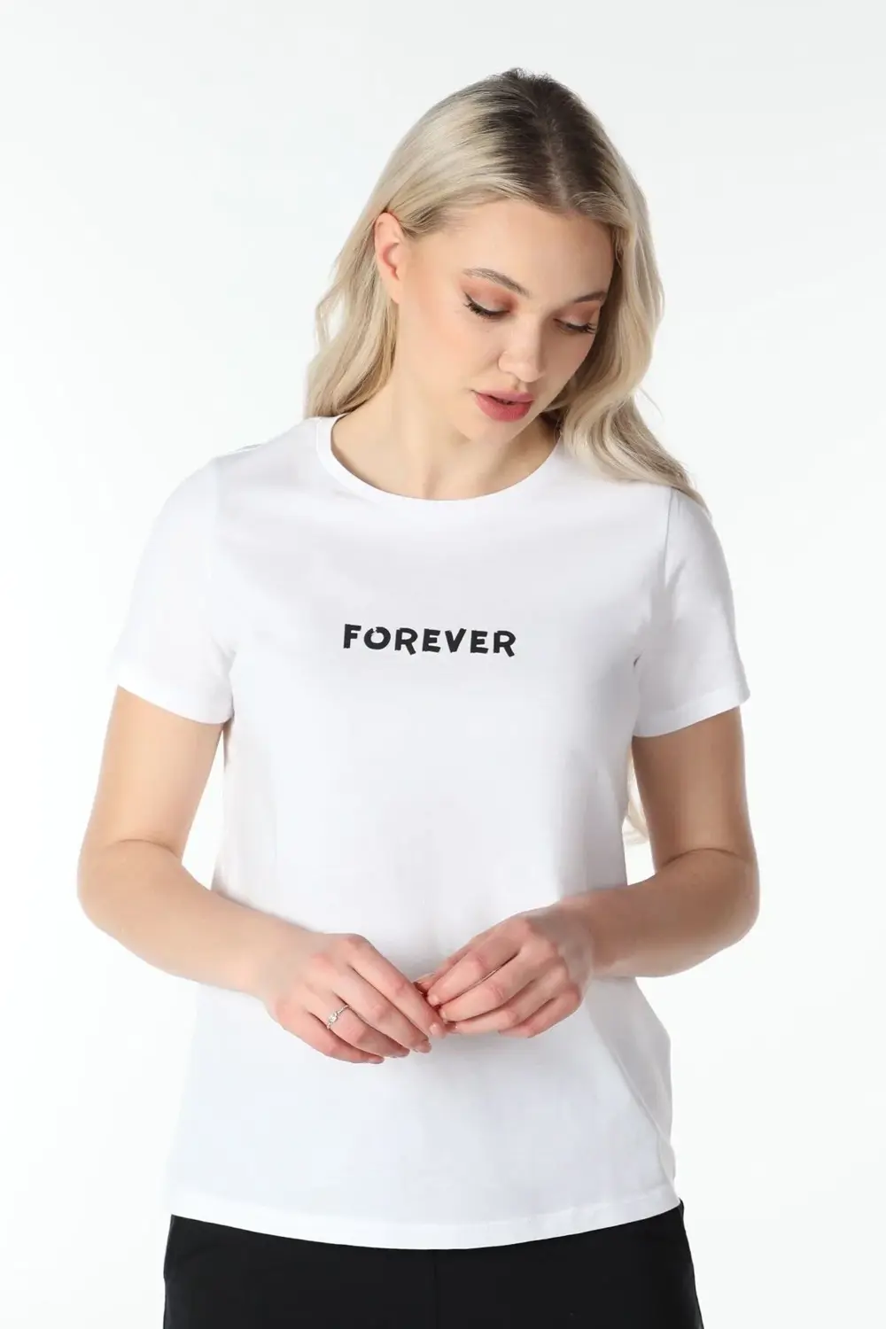 Kadın Baskılı Kısa Kollu Bisiklet Yaka Tişört Siyah