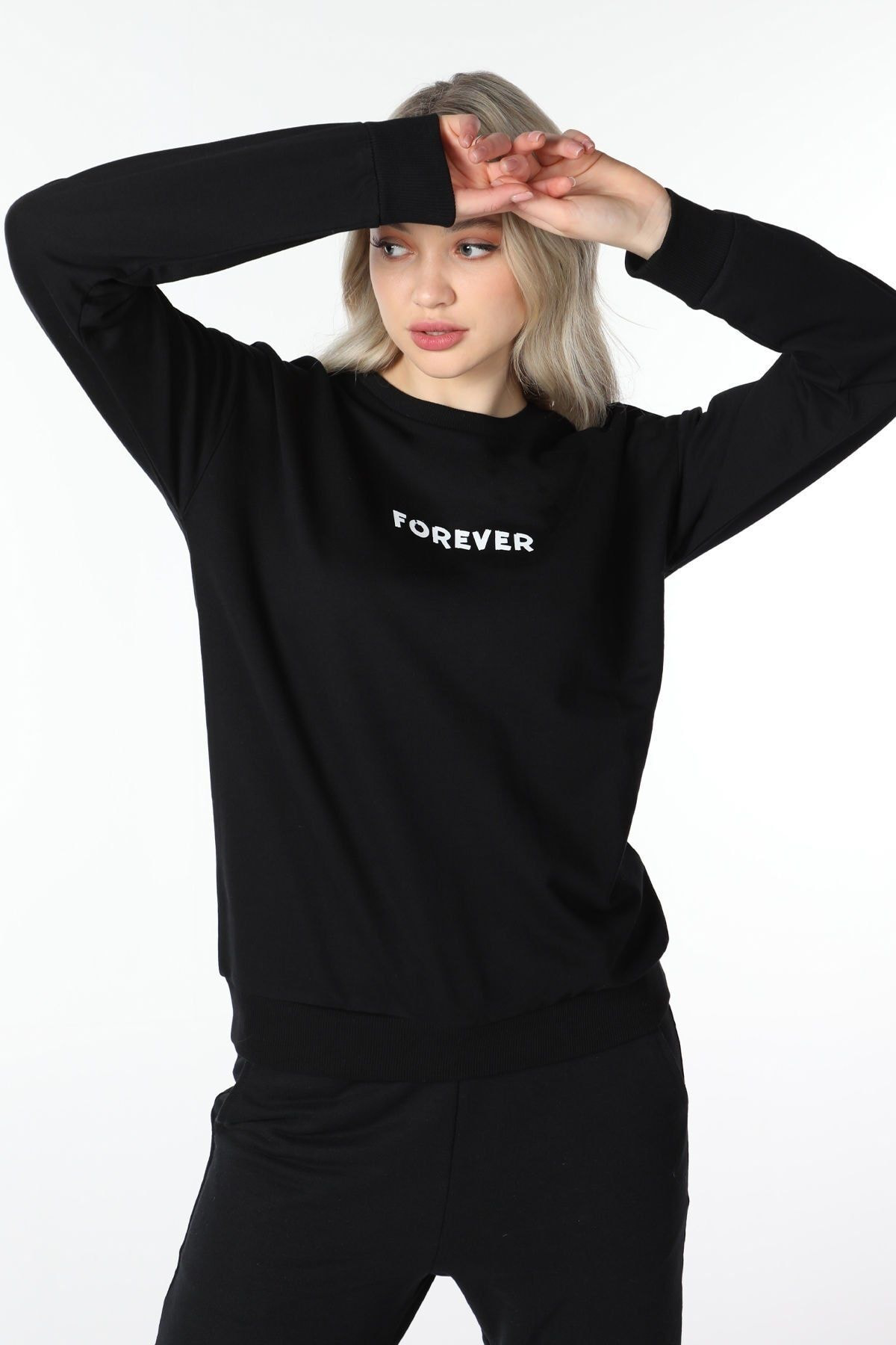 Defys Kadın Bisiklet Yaka Regular Fit Baskılı Sweatshirt Siyah