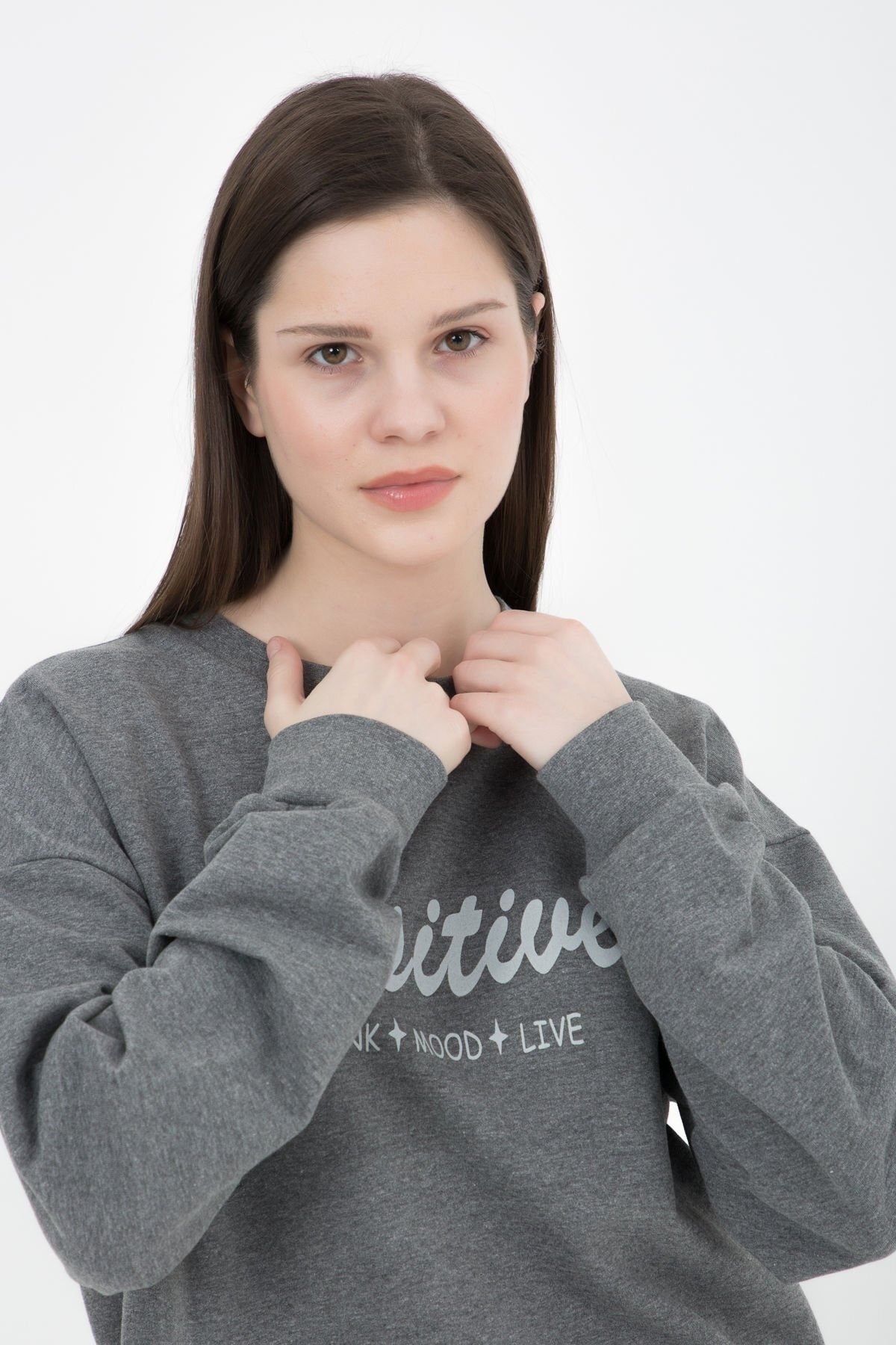 Defys Kadın Baskılı Sweat Koyu Gri