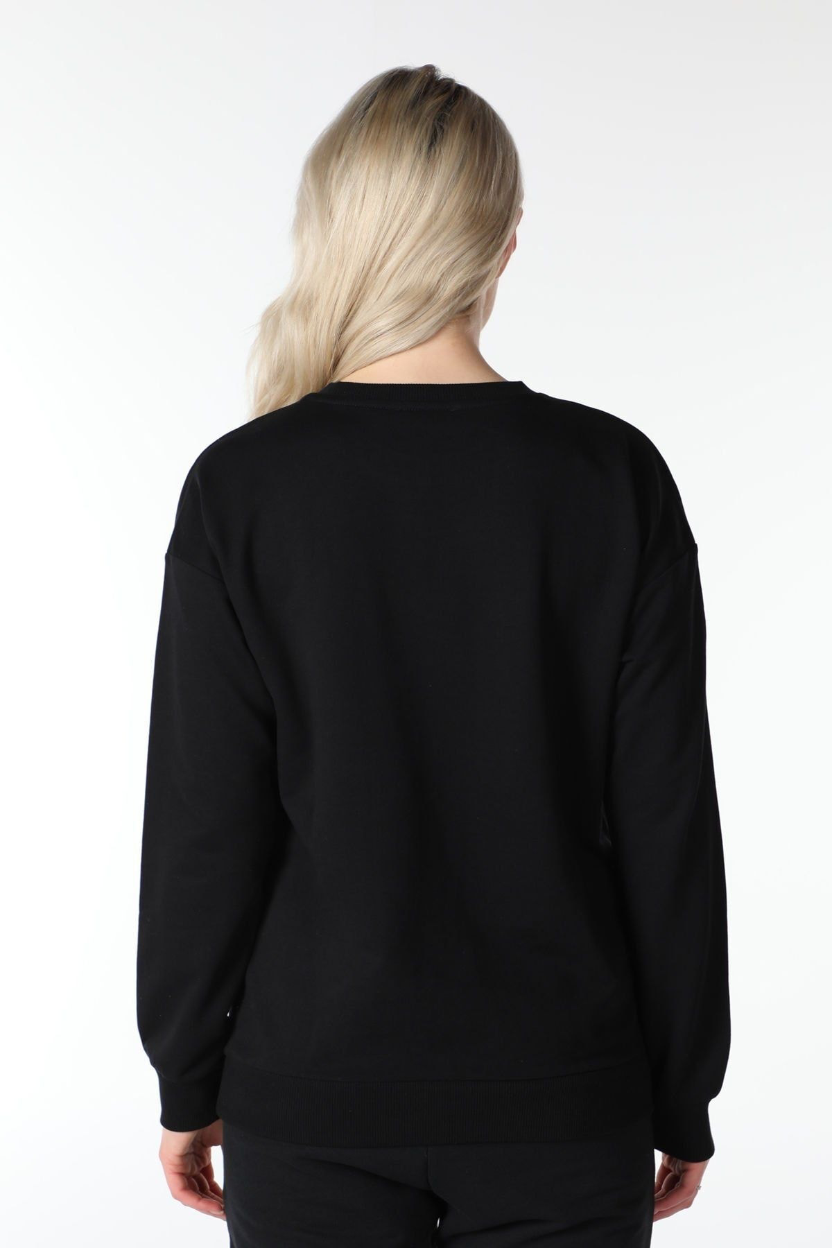 Defys Kadın Bisiklet Yaka Regular Fit Baskılı Sweatshirt Siyah