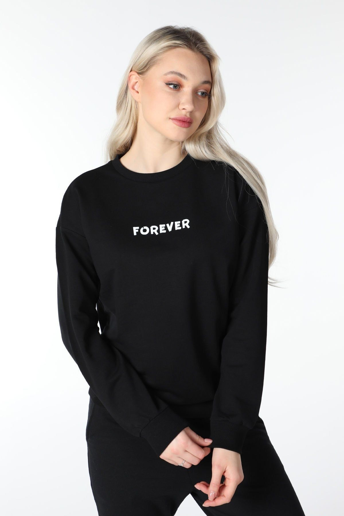 Defys Kadın Bisiklet Yaka Regular Fit Baskılı Sweatshirt Siyah