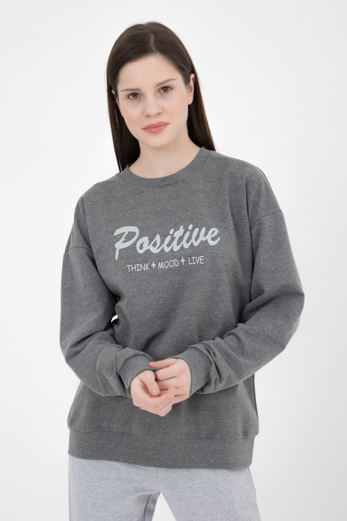 Defys Kadın Baskılı Sweat Koyu Gri