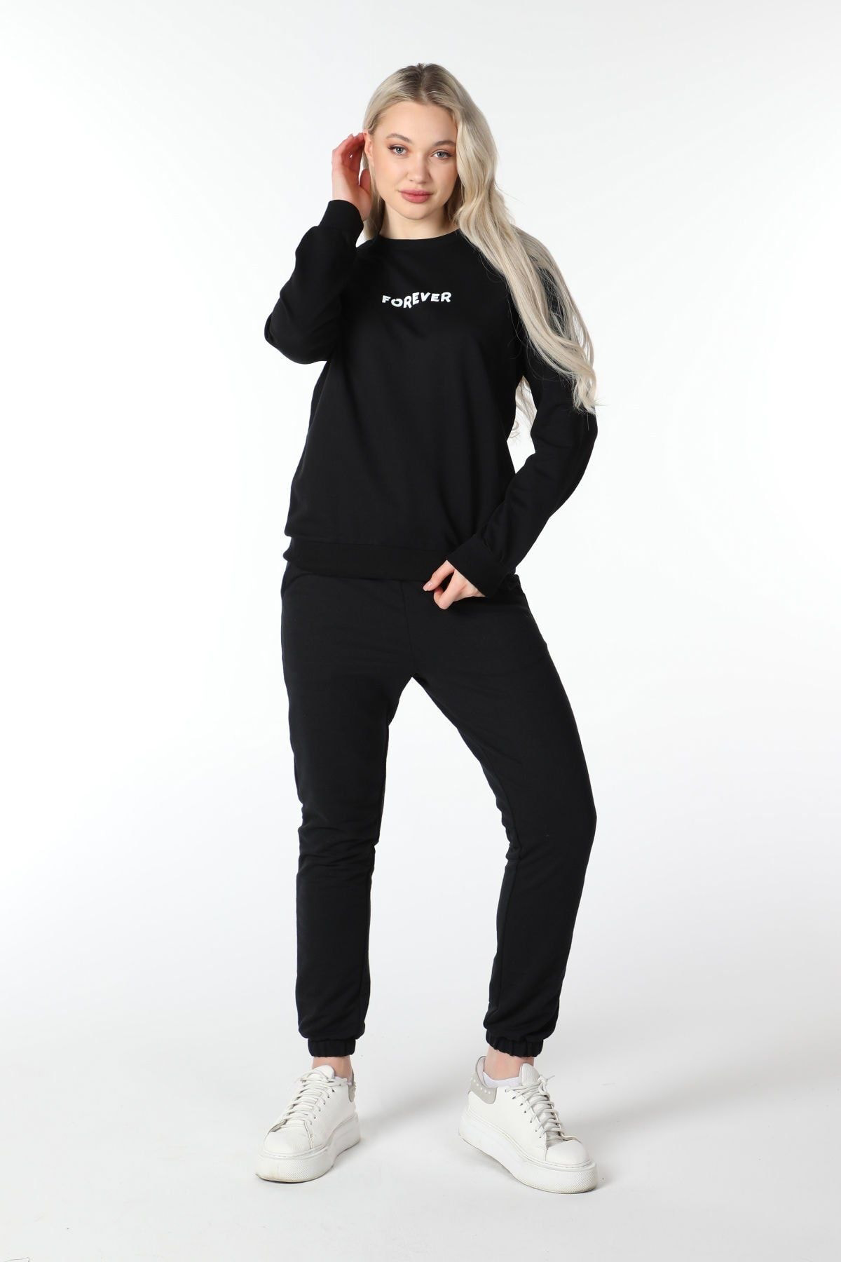 Defys Kadın Bisiklet Yaka Regular Fit Baskılı Sweatshirt Siyah