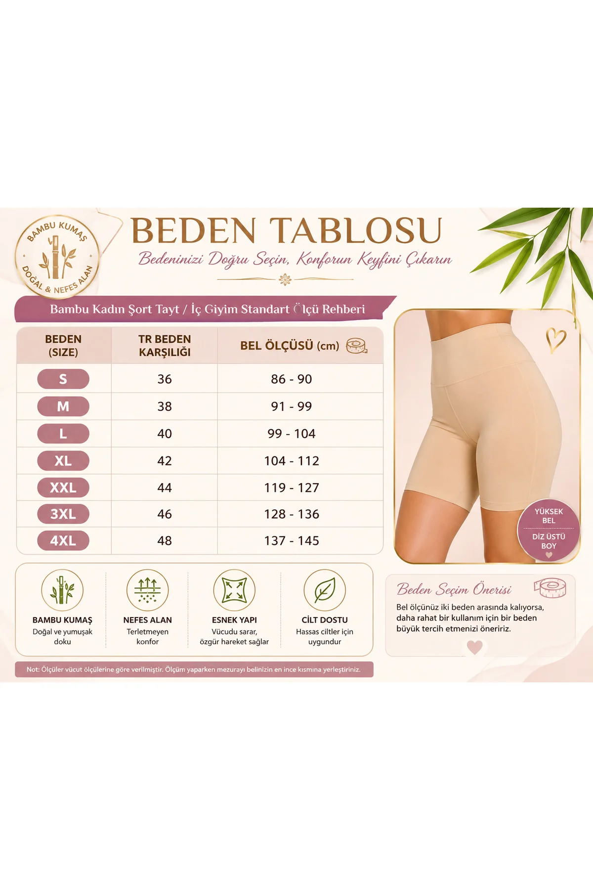 Kadın Battal Beden Bambu Diz Üstü Şort Tayt Ten Rengi Yüksek Bel 