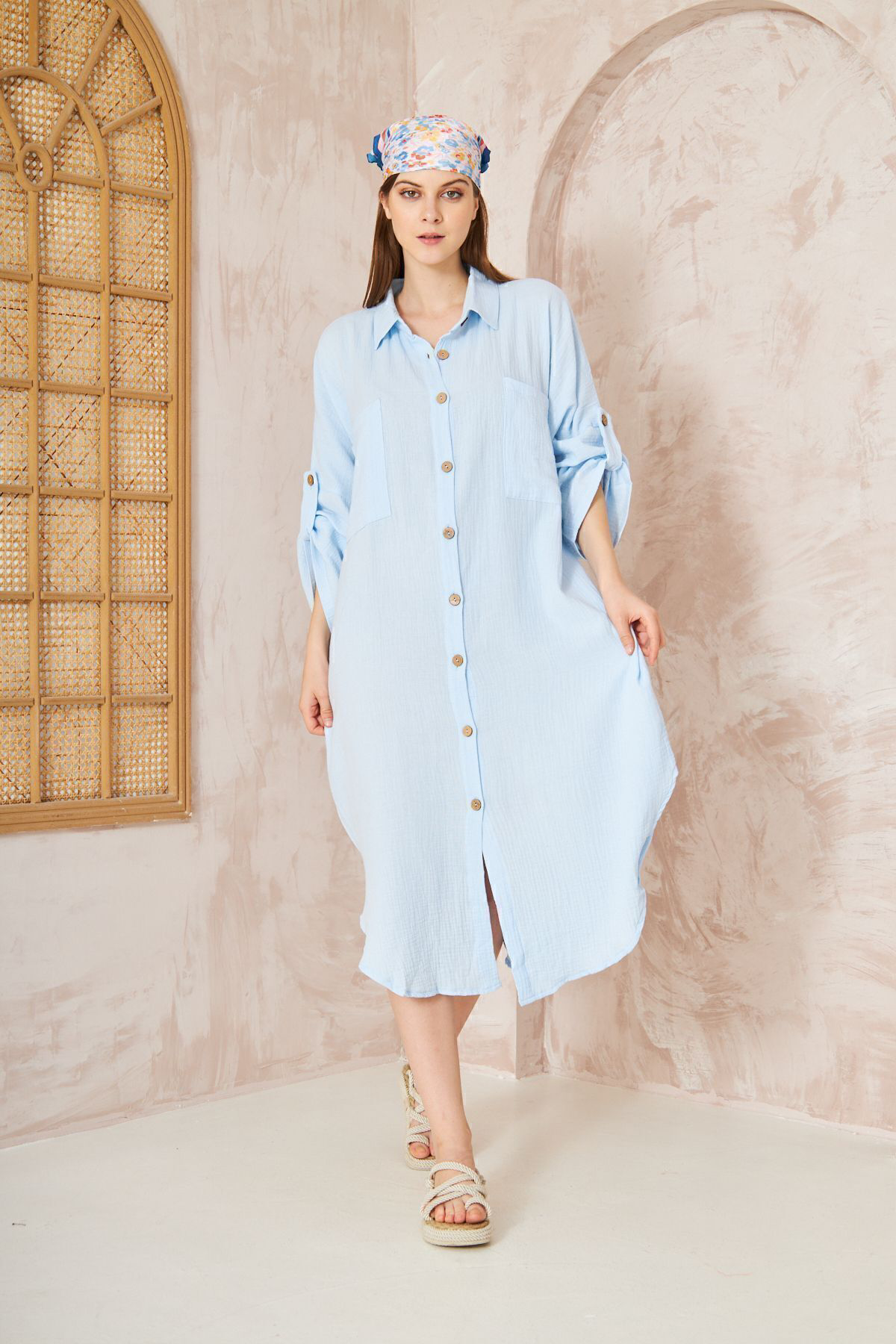 Yıldızistan Kadın Bebe Mavi Müslin Extra Geniş Oversize Yarasa Kol Cepli Uzun