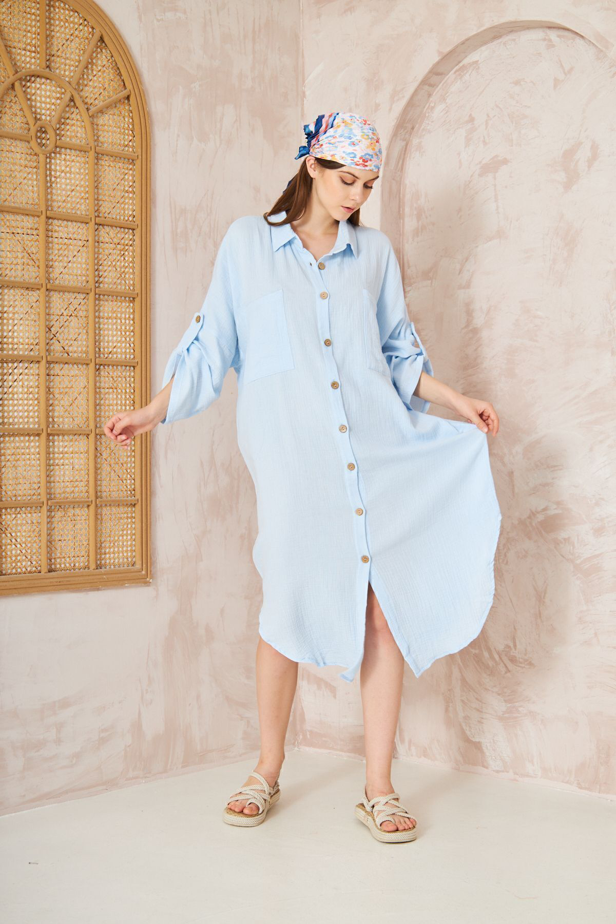 Yıldızistan Kadın Bebe Mavi Müslin Extra Geniş Oversize Yarasa Kol Cepli Uzun