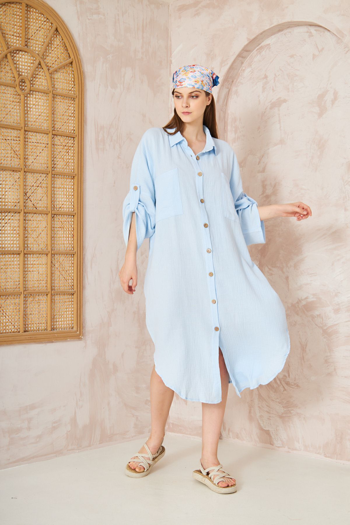 Yıldızistan Kadın Bebe Mavi Müslin Extra Geniş Oversize Yarasa Kol Cepli Uzun