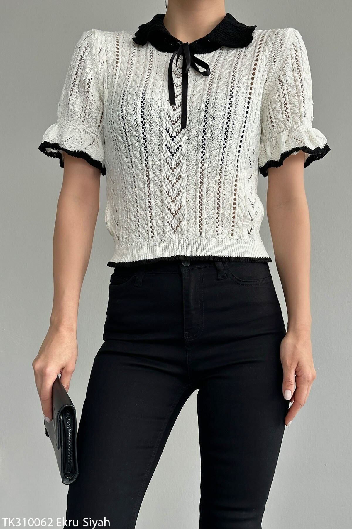 Rhosuss Kadın Bebe Yaka Kısa Kollu Saç Örgü Triko Kazak