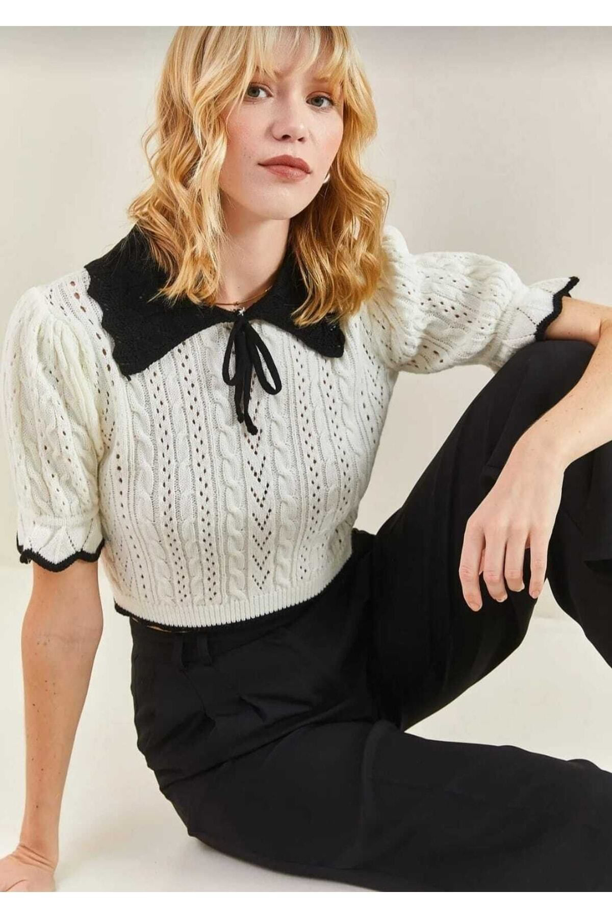 Rhosuss Kadın Bebe Yaka Kısa Kollu Saç Örgü Triko Kazak