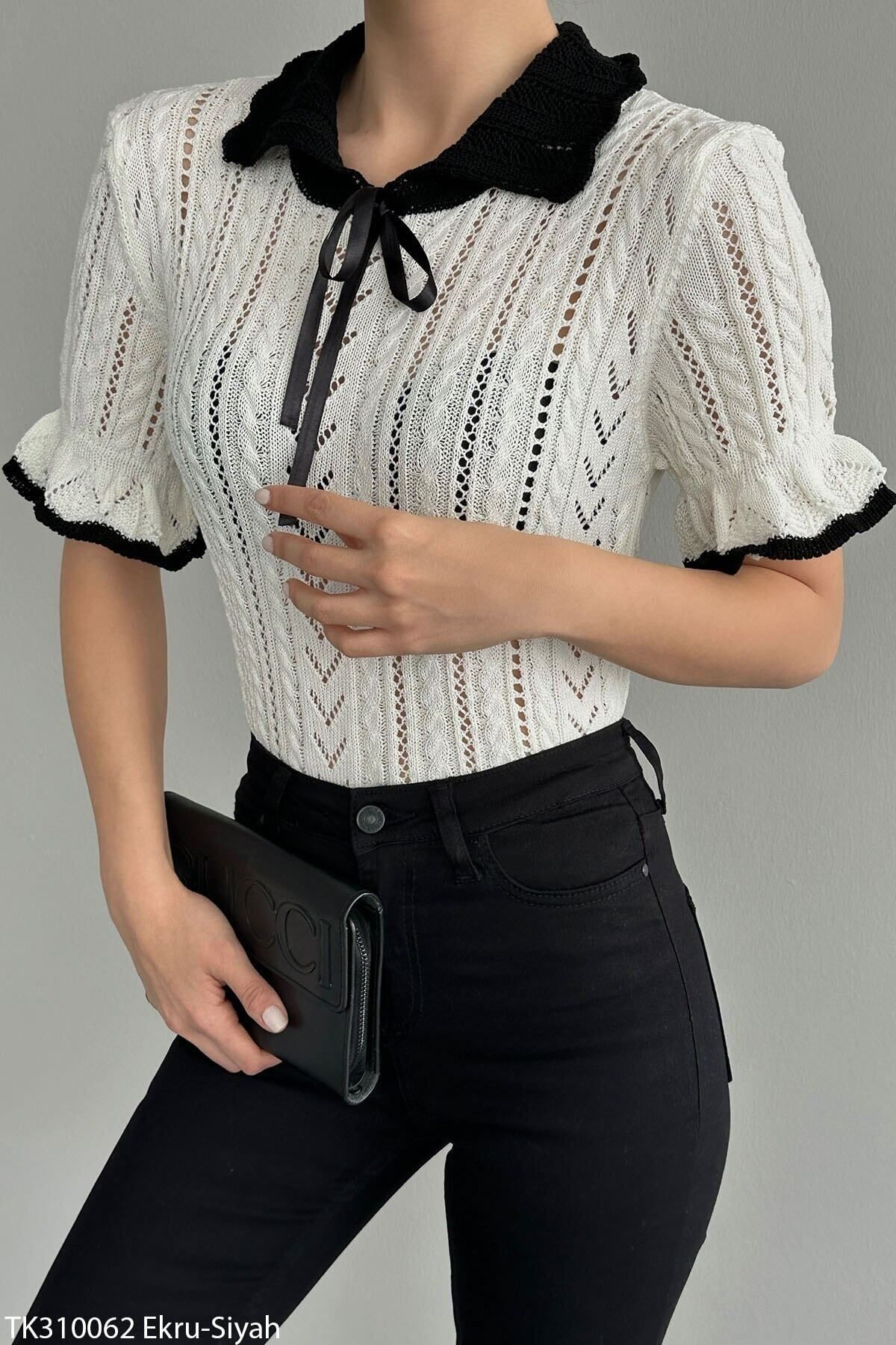 Rhosuss Kadın Bebe Yaka Kısa Kollu Saç Örgü Triko Kazak