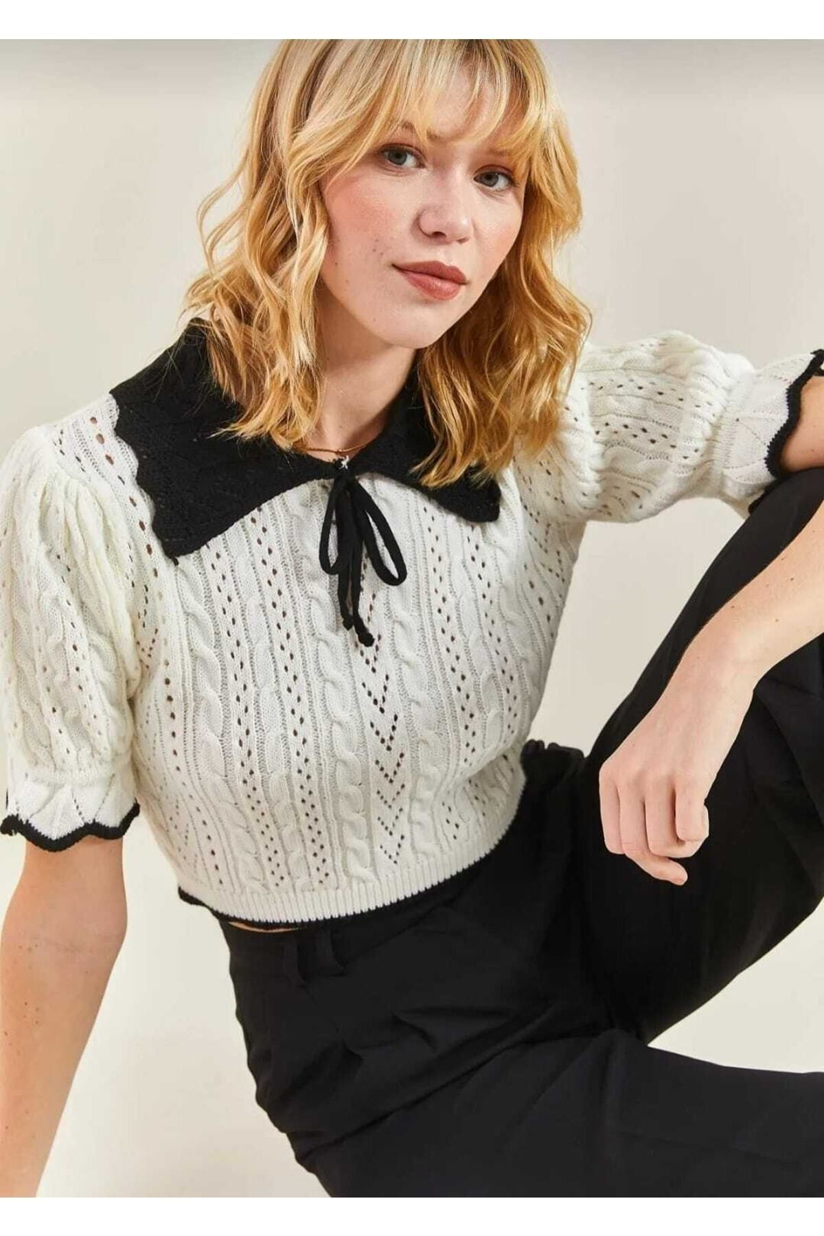 Rhosuss Kadın Bebe Yaka Kısa Kollu Saç Örgü Triko Kazak