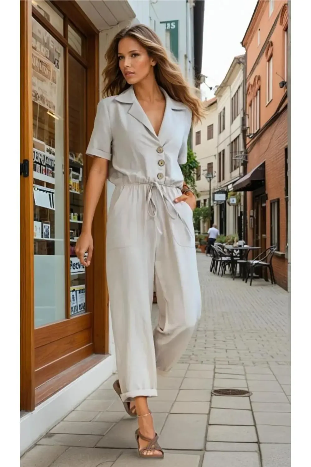 Kadın Bej Düğmeli Cepli Beli Büzgülü Kemerli Kısa Kollu Ceket Yak