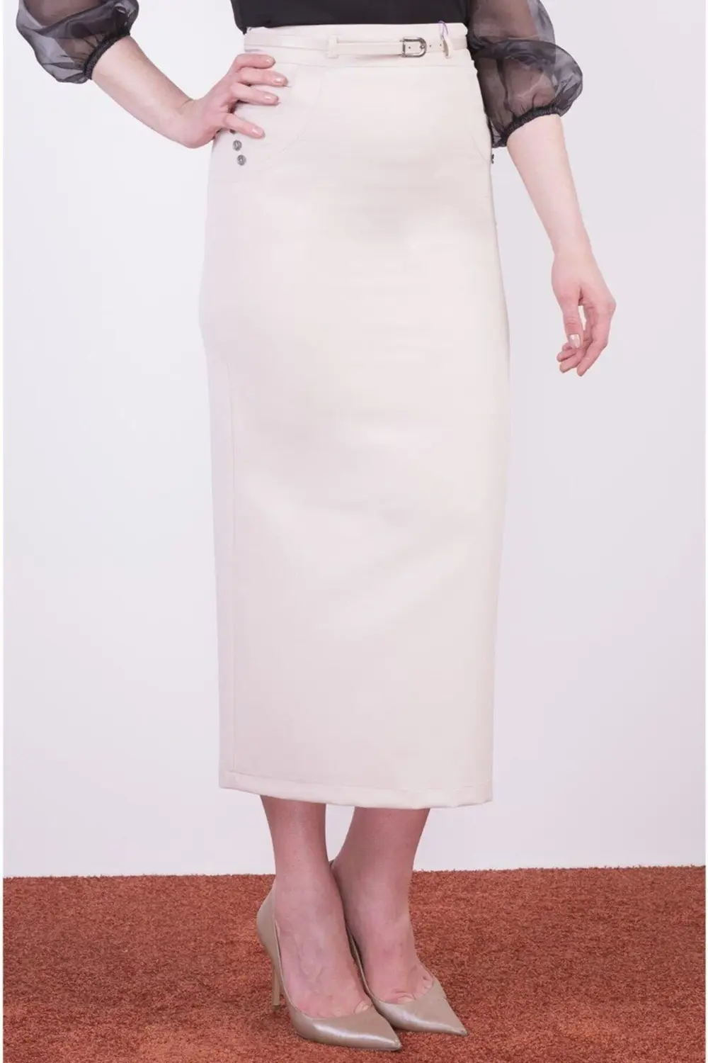 Kadın Bej Kemerli Süs Cep Detaylı Mevsimlik Uzun Kalem Etek 2090/