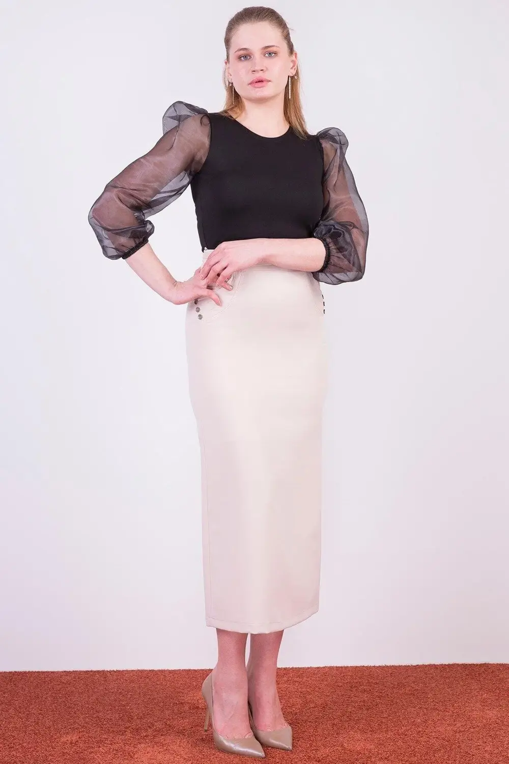 Kadın Bej Kemerli Süs Cep Detaylı Mevsimlik Uzun Kalem Etek 2090/