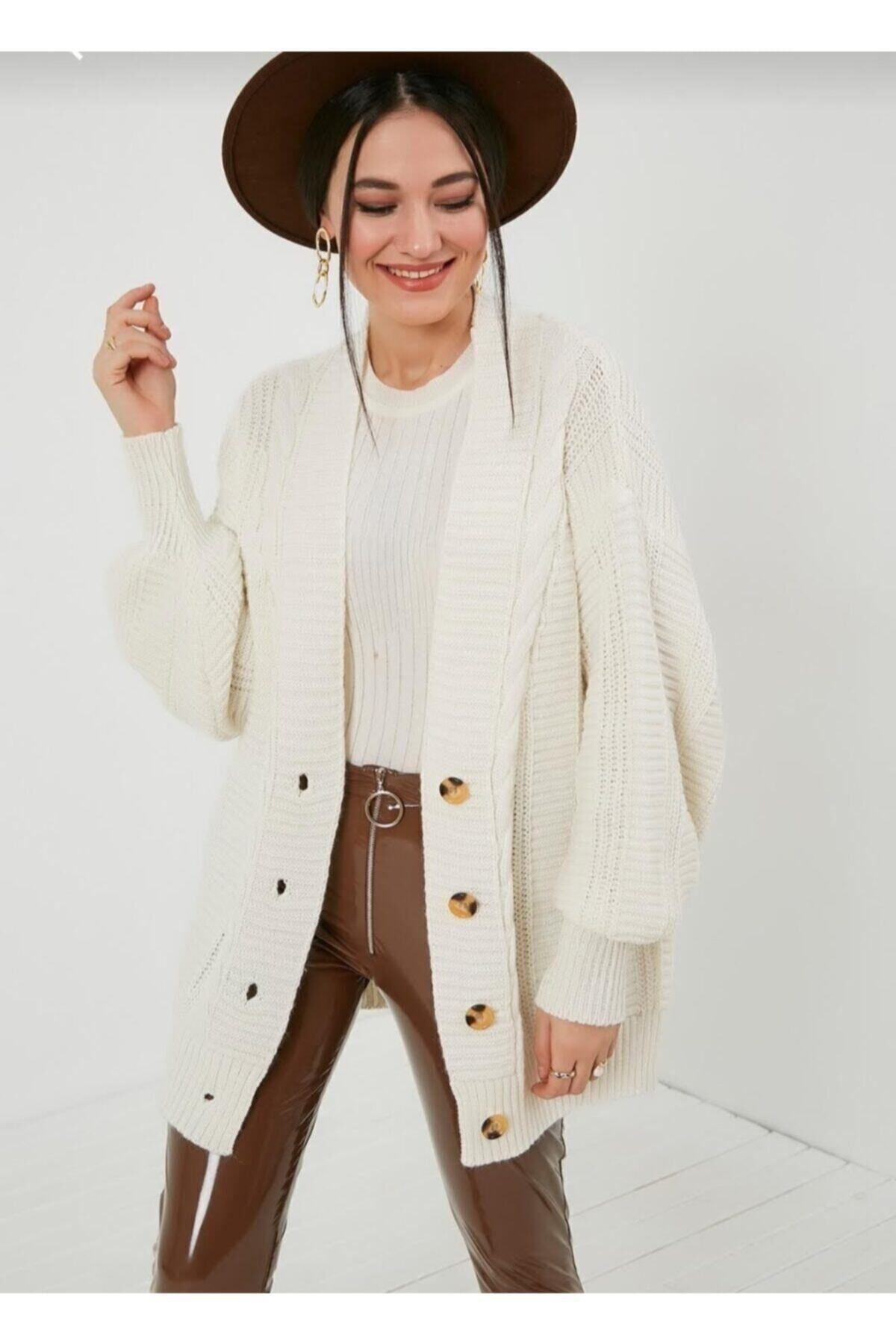 Tommy Hilfiger Kadın Bej Örgü Desenli Hırka