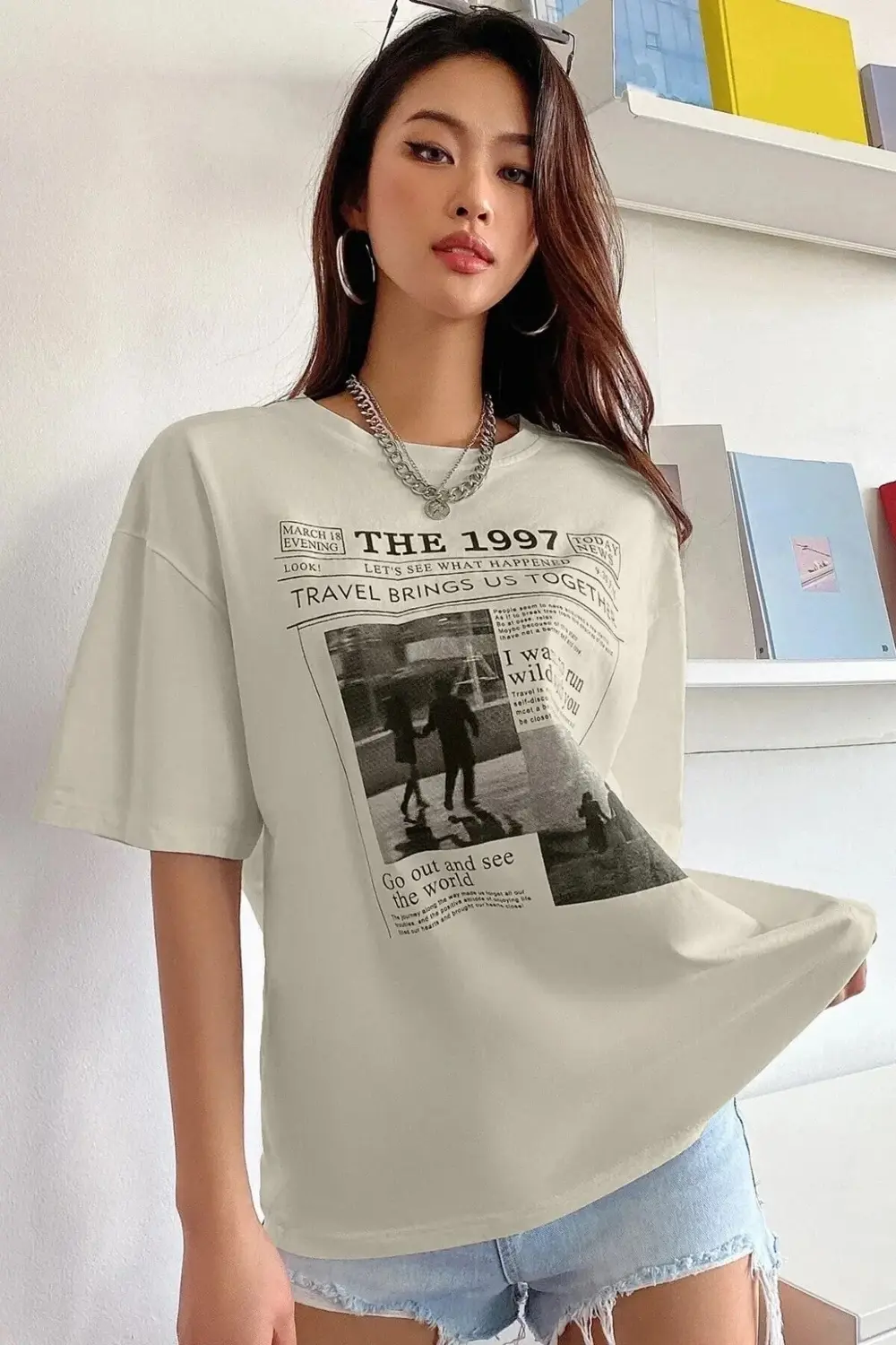 Kadın Bej The 1997 Baskılı Oversize T-shirt